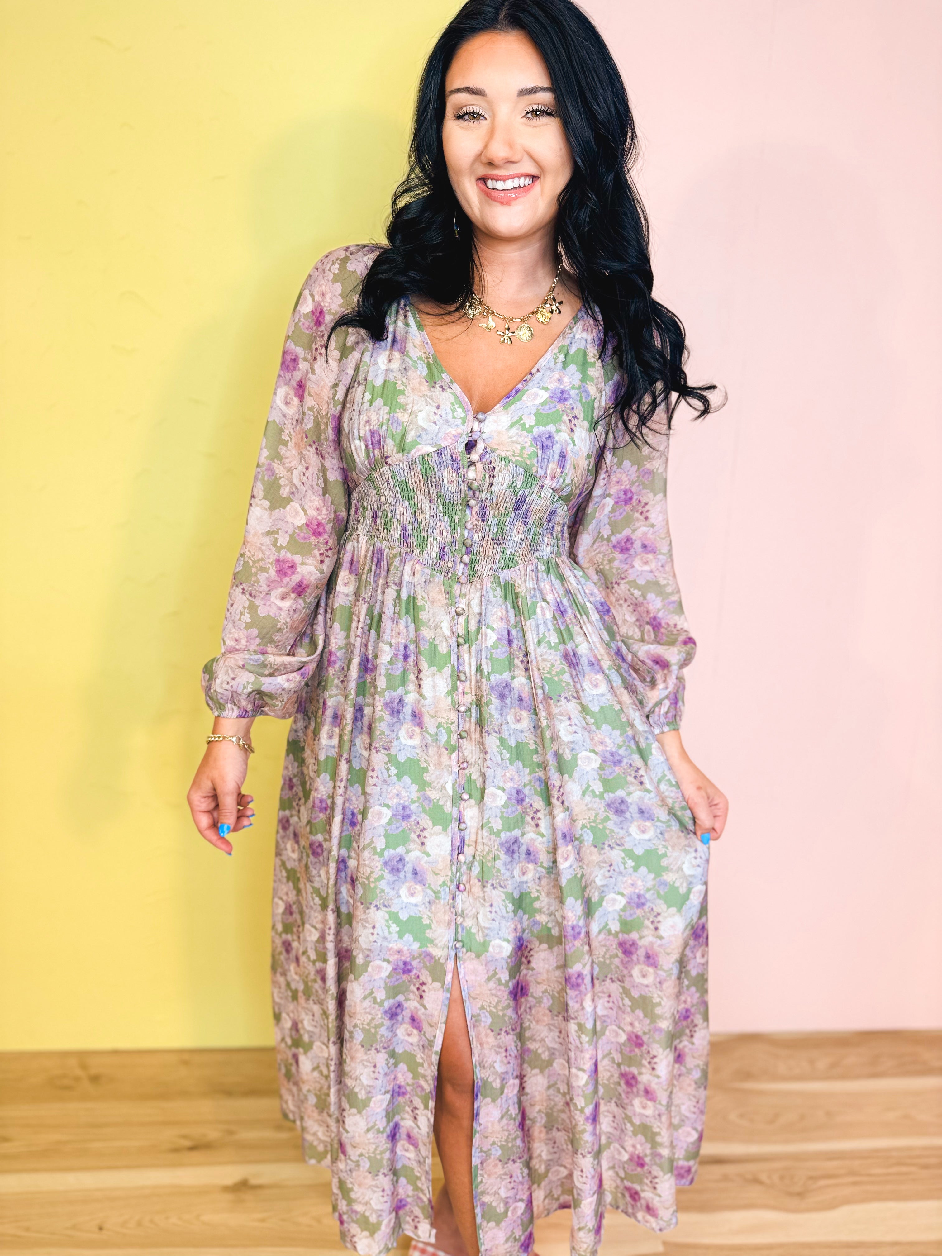 Tencel Floral Smocked Button Down Maxi Dress - Eucalyptus - Lace and Grace Boutique