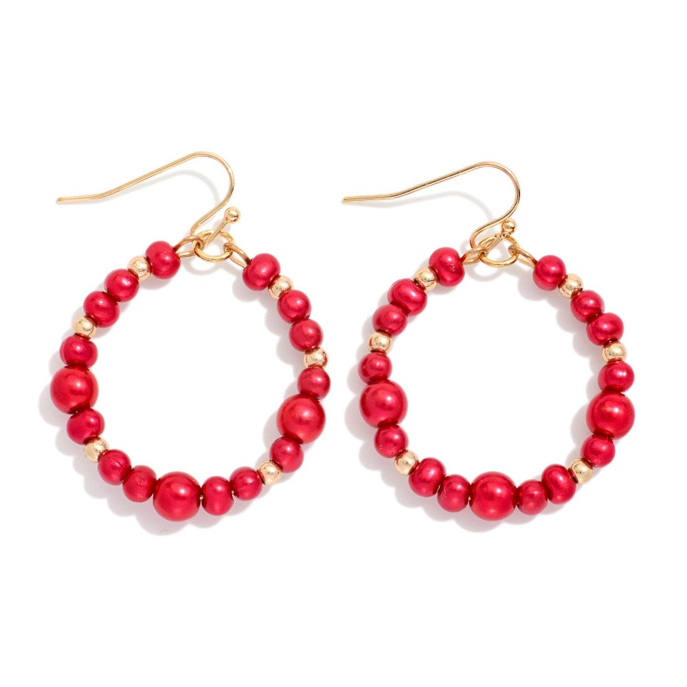 Metallic Beaded Hoop Drop Earrings - Red - Lace and Grace Boutique