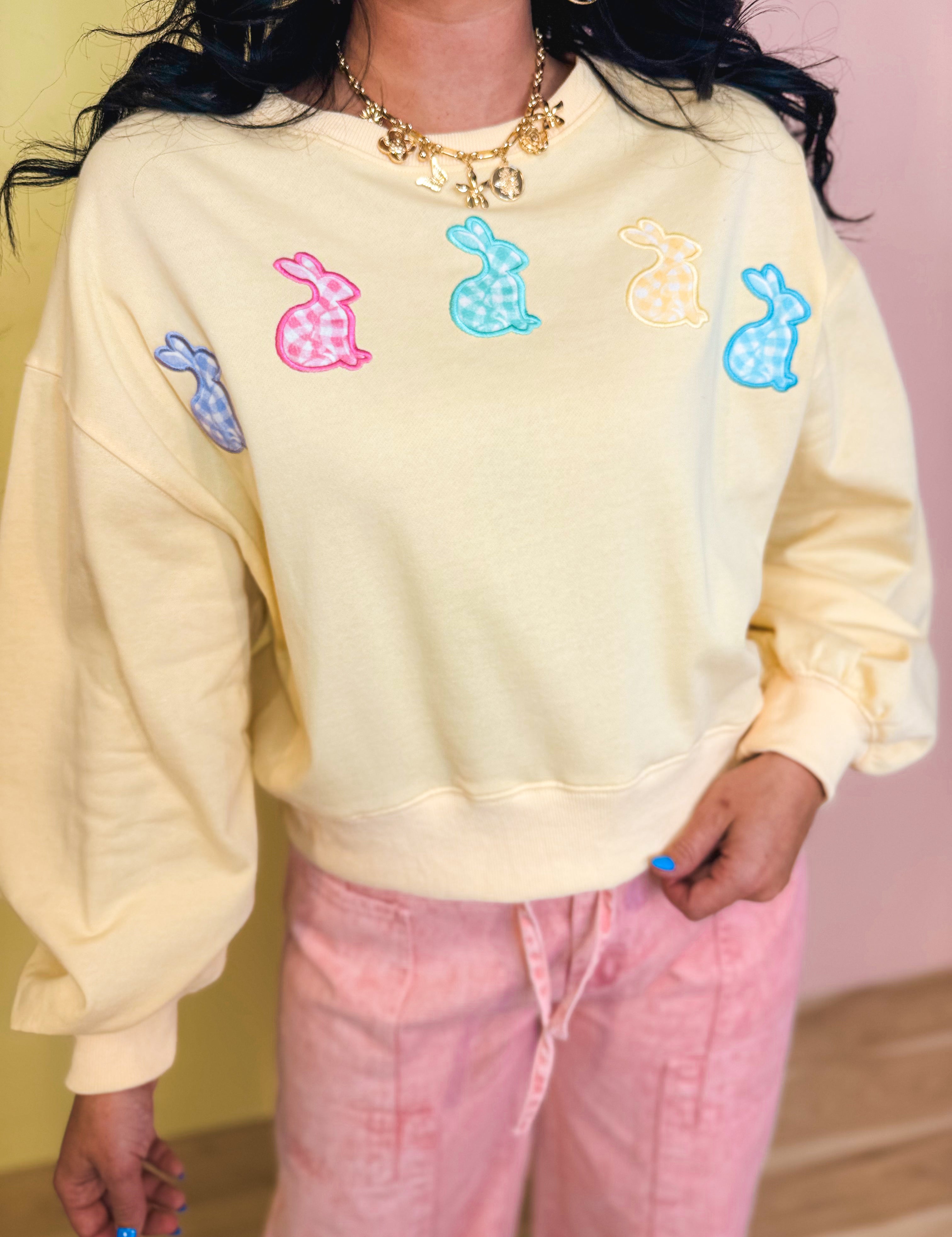 Gingham Bunny Patch Oversized Sweatshirt - Butter - Lace and Grace Boutique