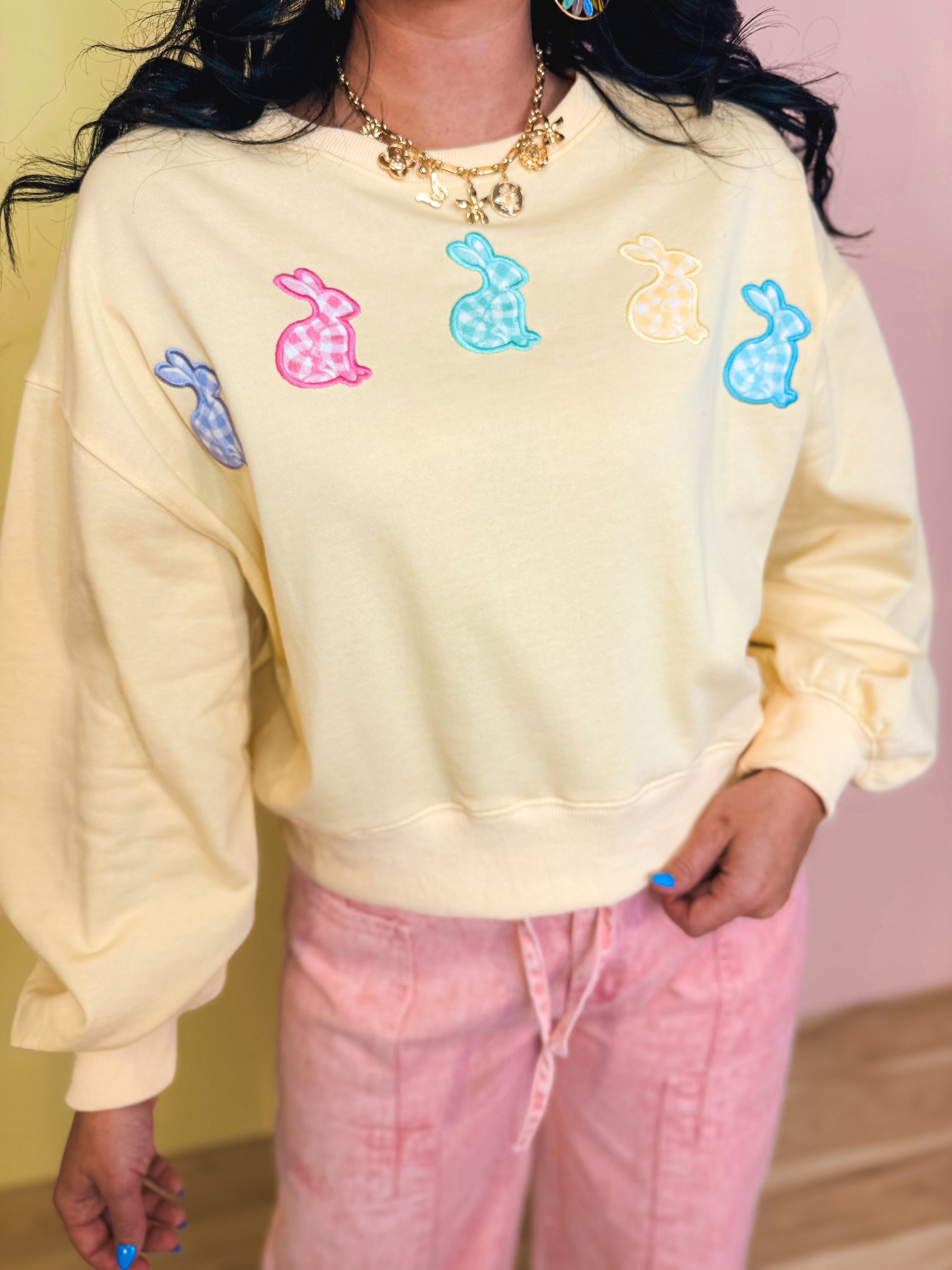 Gingham Bunny Patch Oversized Sweatshirt - Butter - Lace and Grace Boutique
