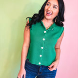 Rolled Hem Sweater Button Up Vest - Green - Lace and Grace Boutique