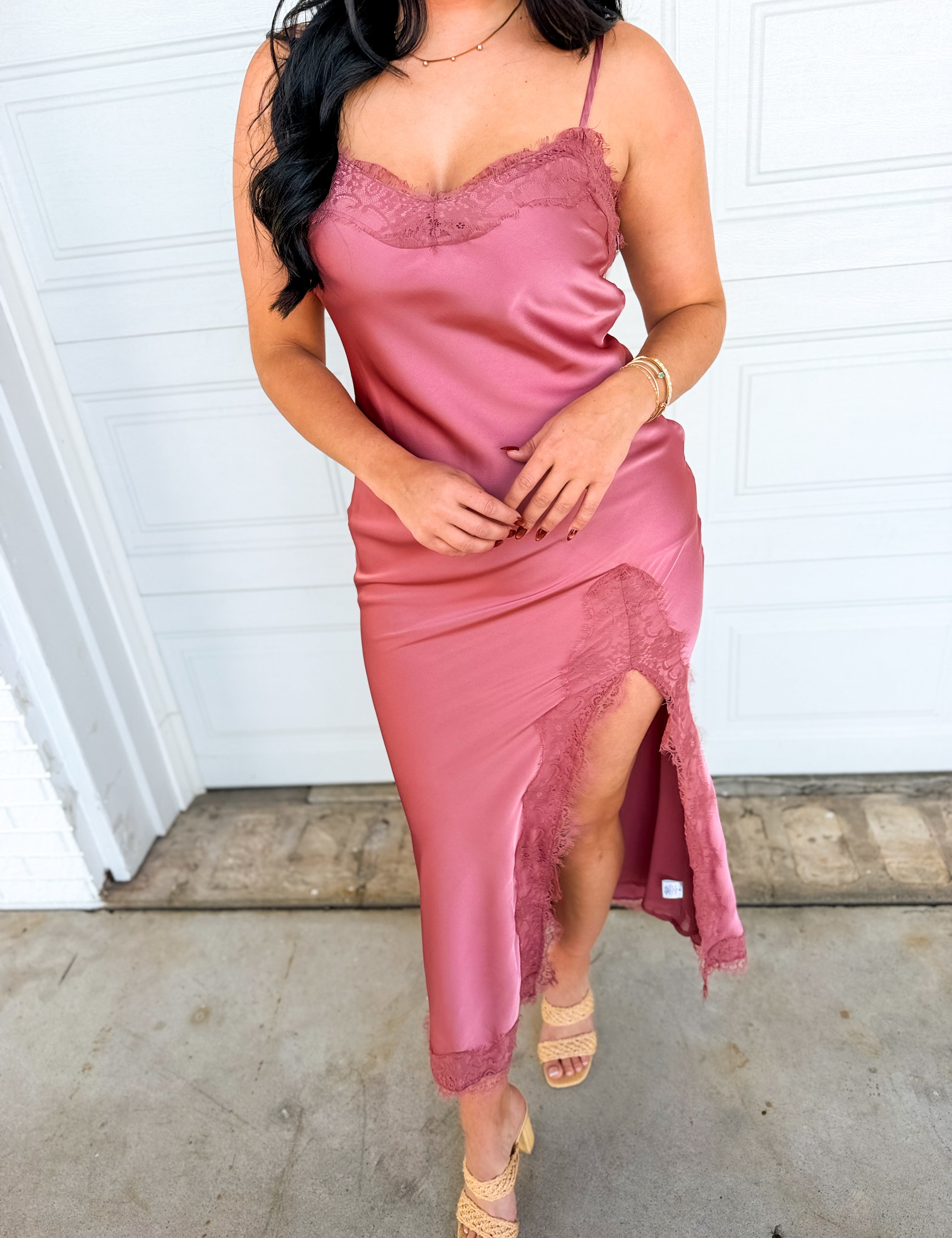 Lace Detail Side Slit Maxi Dress - Antique Rose - Lace and Grace Boutique