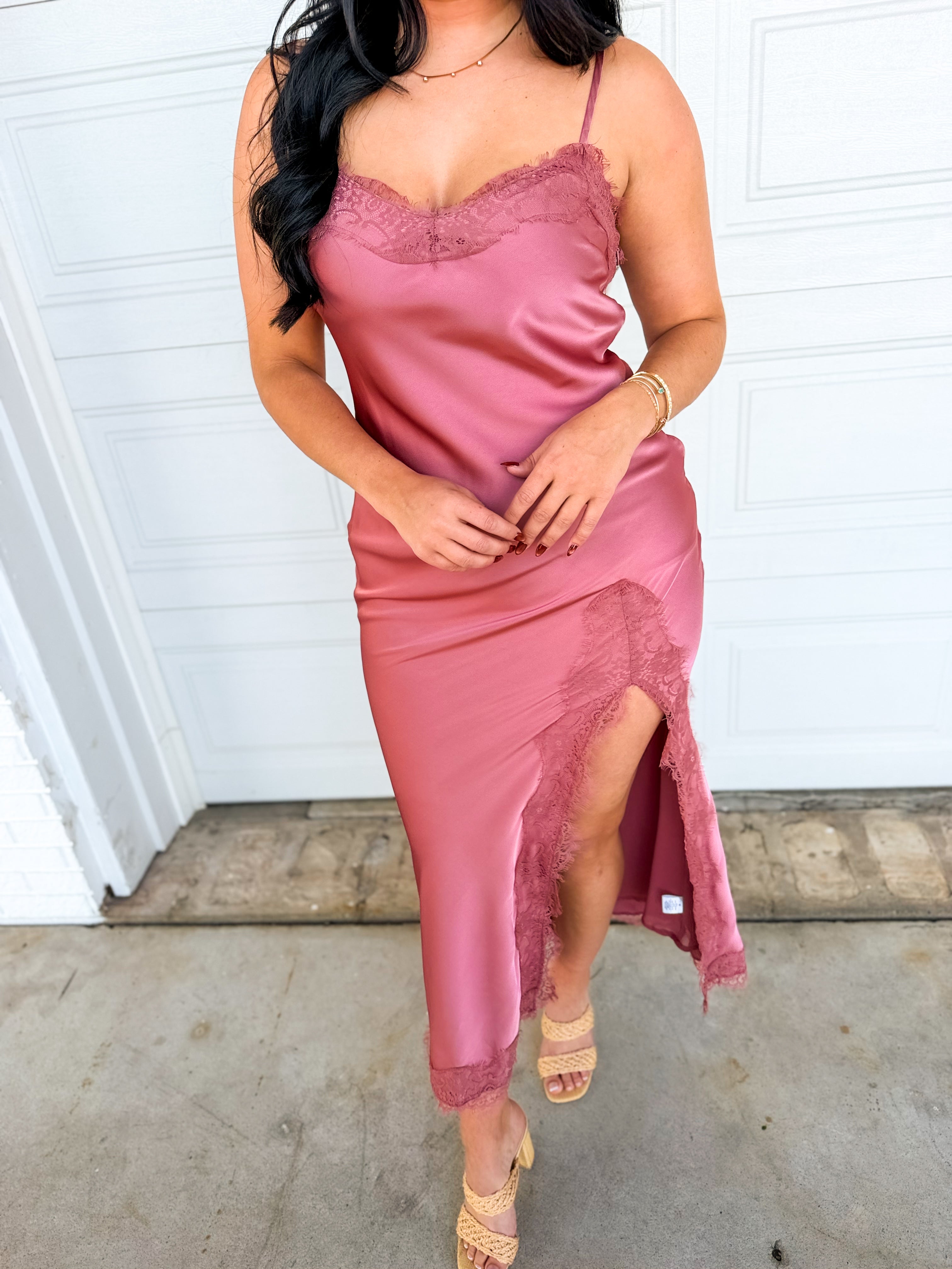 Lace Detail Side Slit Maxi Dress - Antique Rose - Lace and Grace Boutique