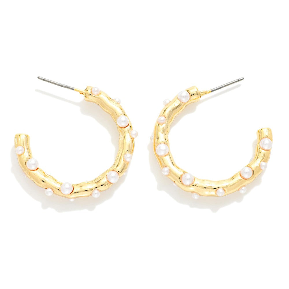 Pearl Studded Gold Hoop Earrings - Lace and Grace Boutique