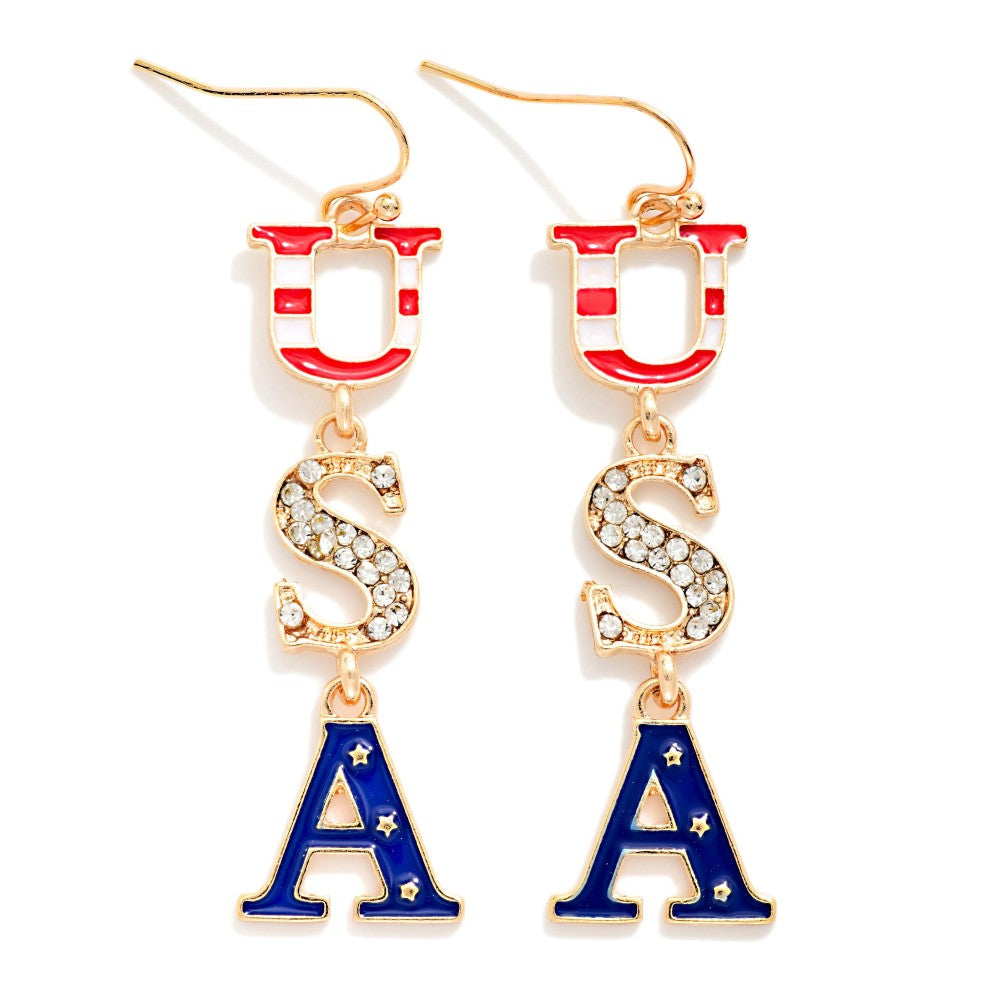 USA Rhinestone Detail Linked Drop Earrings - Lace and Grace Boutique