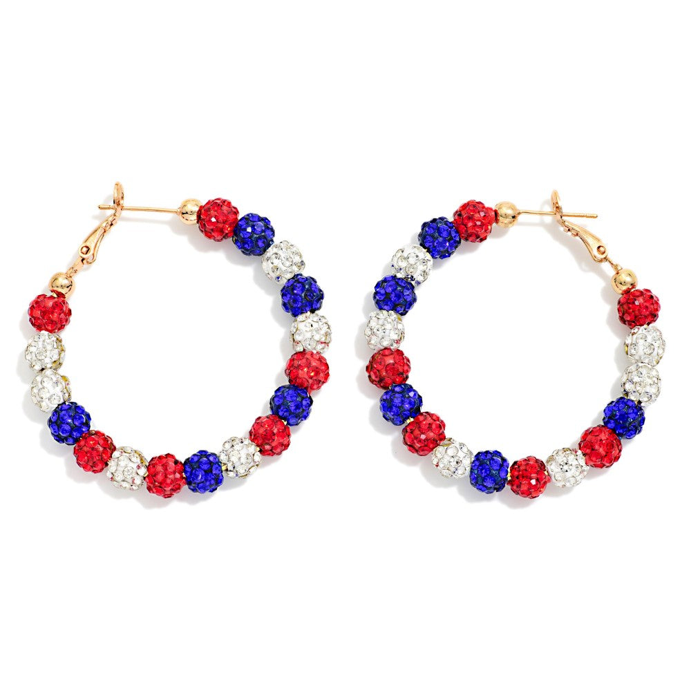 Rhinestone Beaded Hoop Drop Earrings - Red/Silver/Blue - Lace and Grace Boutique