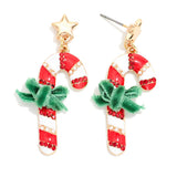 Candy Cane & Bow Studded Drop Earrings - Lace and Grace Boutique