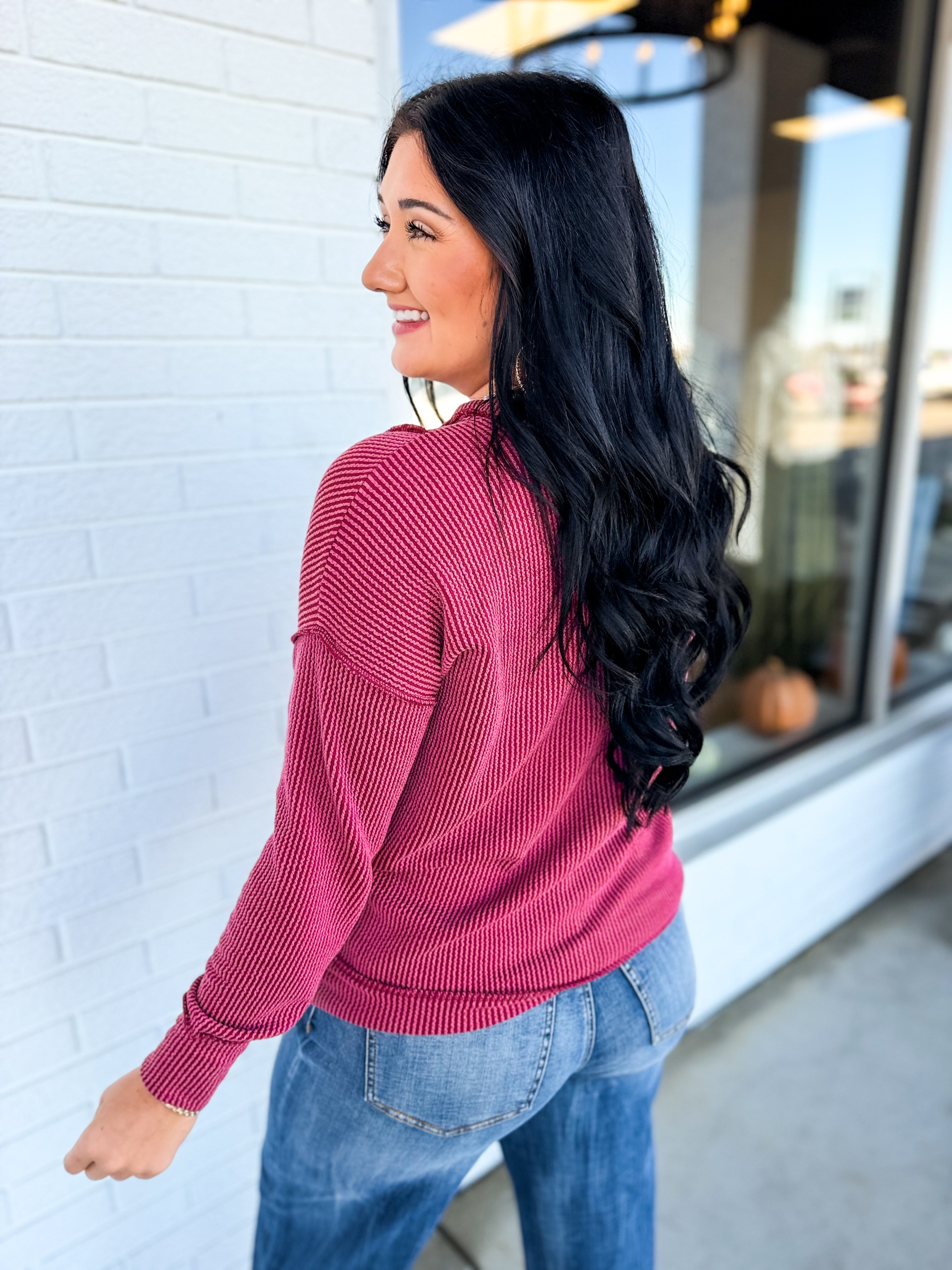 Corded Rib Exposed Seam Pullover Top - Burgundy - Lace and Grace Boutique