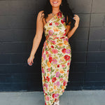 One Shoulder Asymmetrical Pleated Maxi Dress - Garden Multi - Lace and Grace Boutique