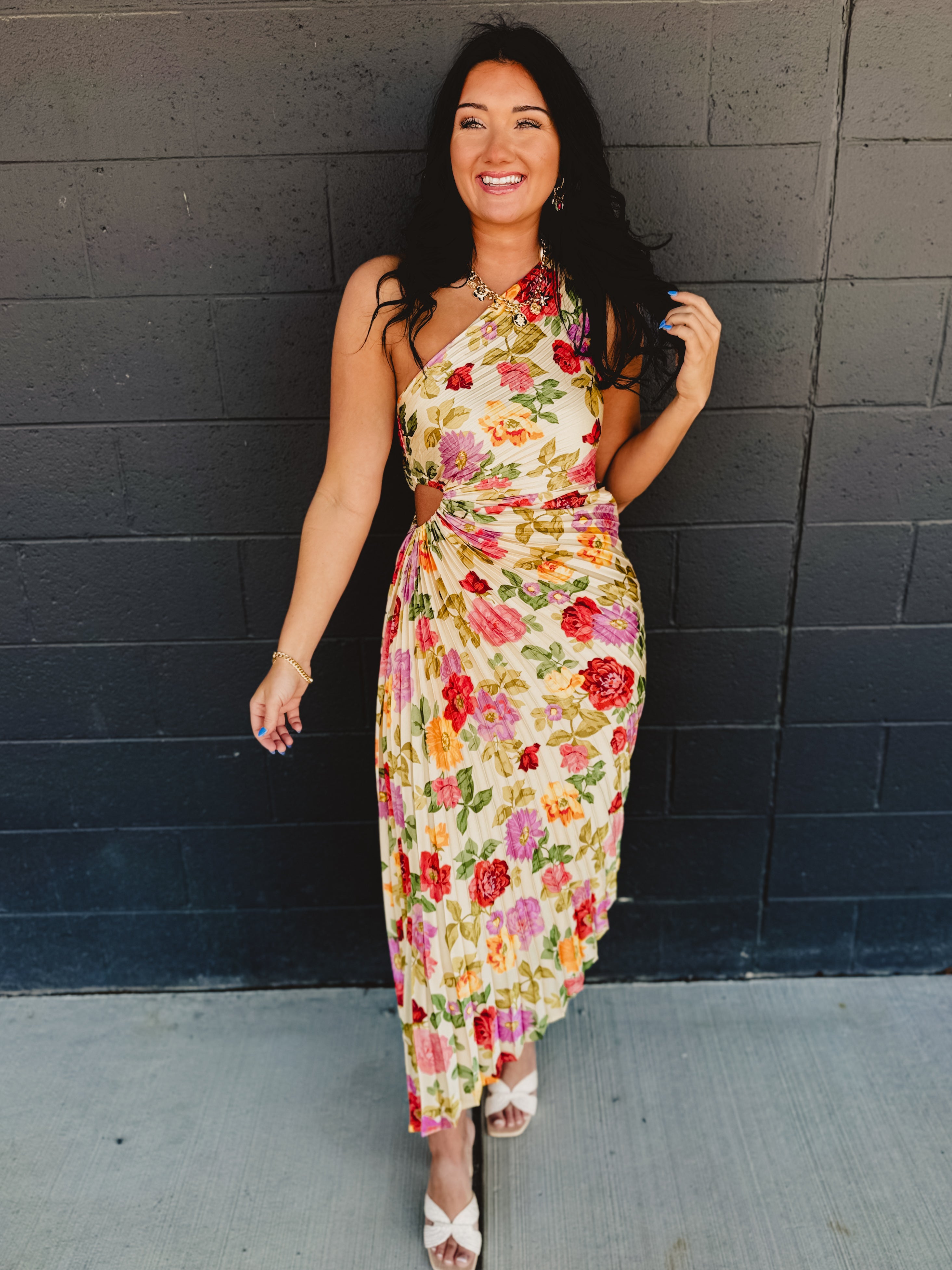 PREORDER One Shoulder Asymmetrical Pleated Maxi Dress - Garden Multi Small PREORDER One Shoulder Asymmetrical Pleated Maxi Dress - Garden Multi Small