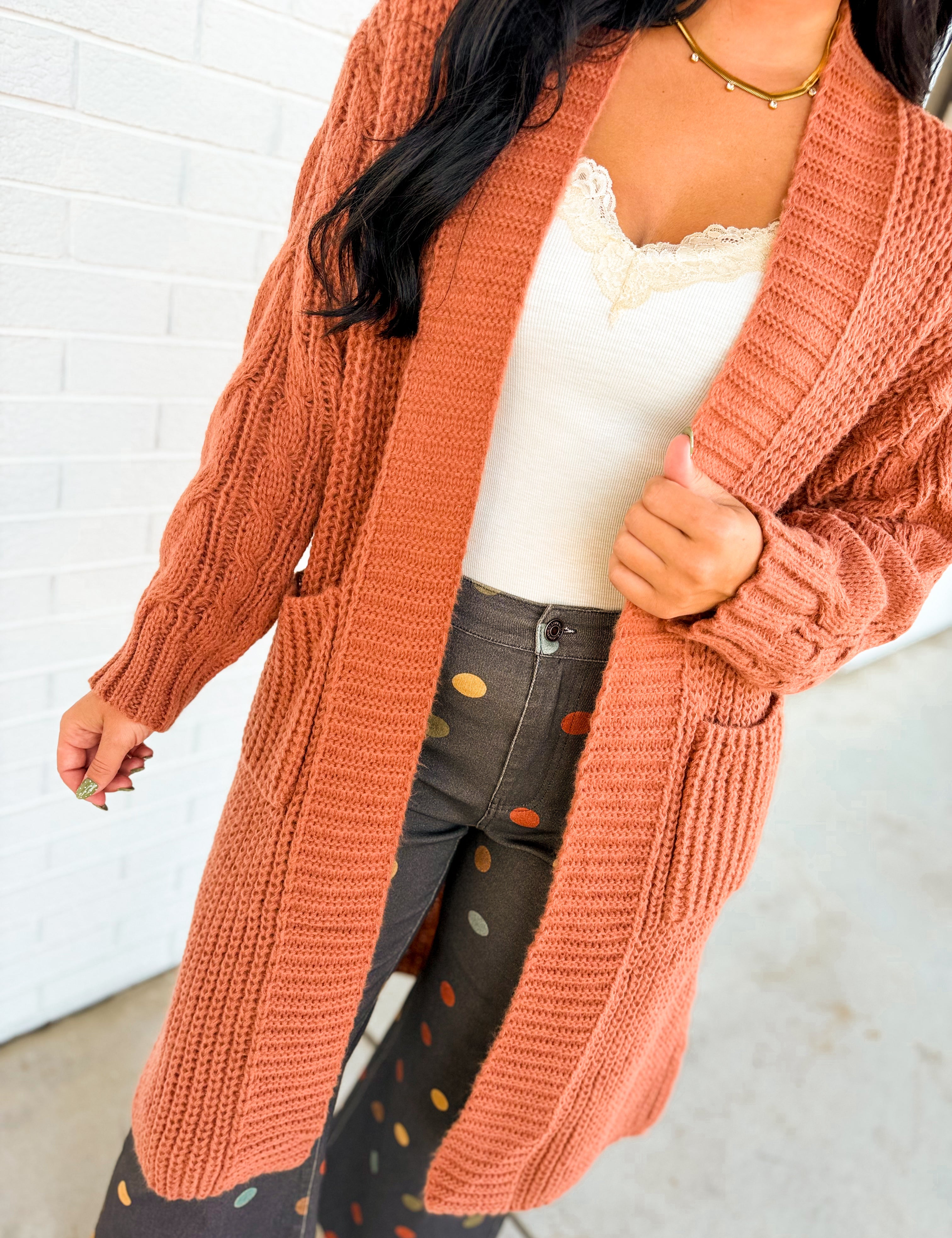 Solid Cable Knit Sleeve Knit Cardigan - Sunburn - Lace and Grace Boutique