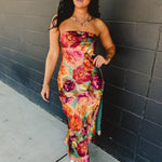 Strapless Bias Cut Satin Maxi Dress - Parisian Floral - Lace and Grace Boutique