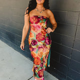 Strapless Bias Cut Satin Maxi Dress - Parisian Floral - Lace and Grace Boutique