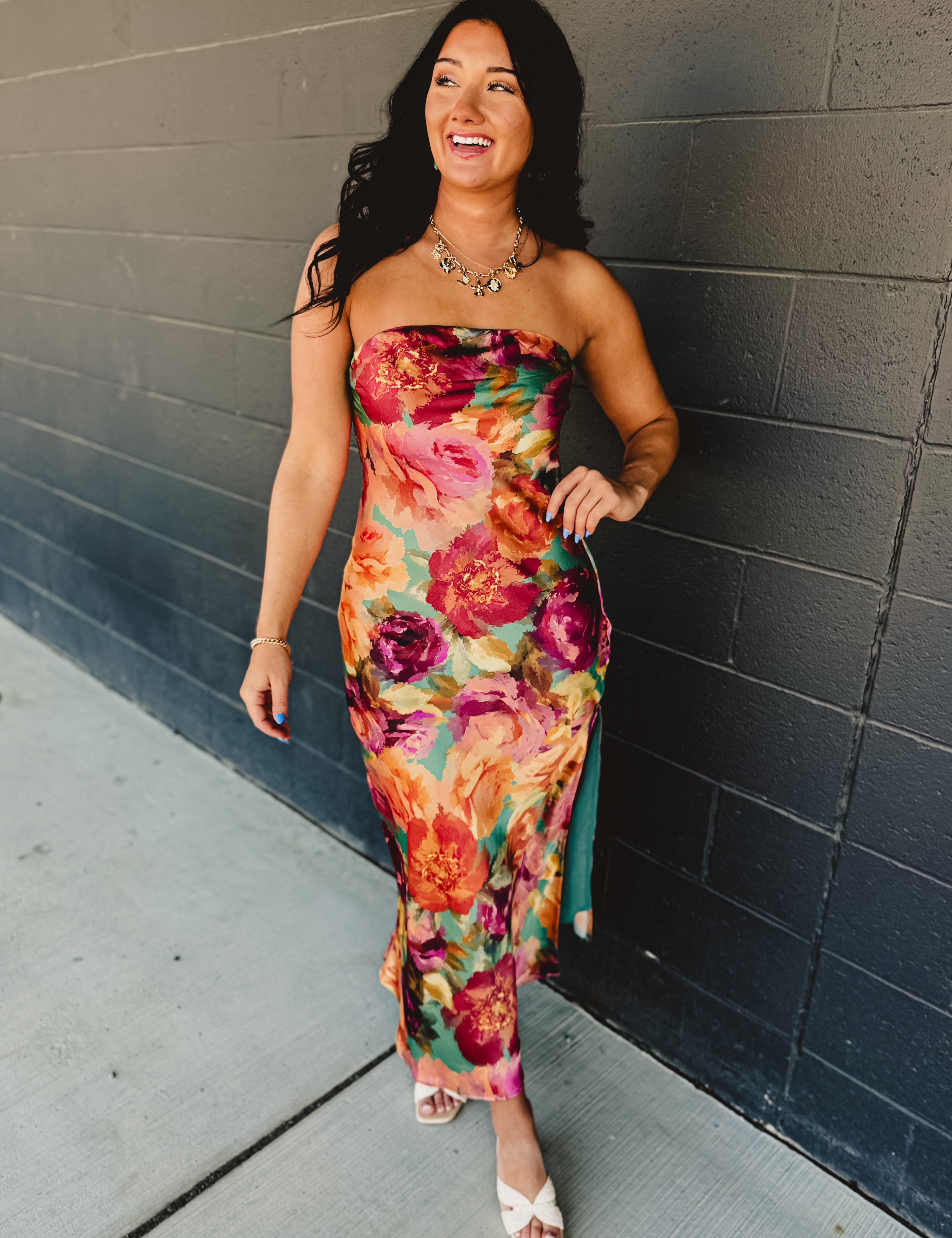 Strapless Bias Cut Satin Maxi Dress - Parisian Floral - Lace and Grace Boutique