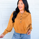 Mineral Washed Button Detail Terry Pullover - Camel