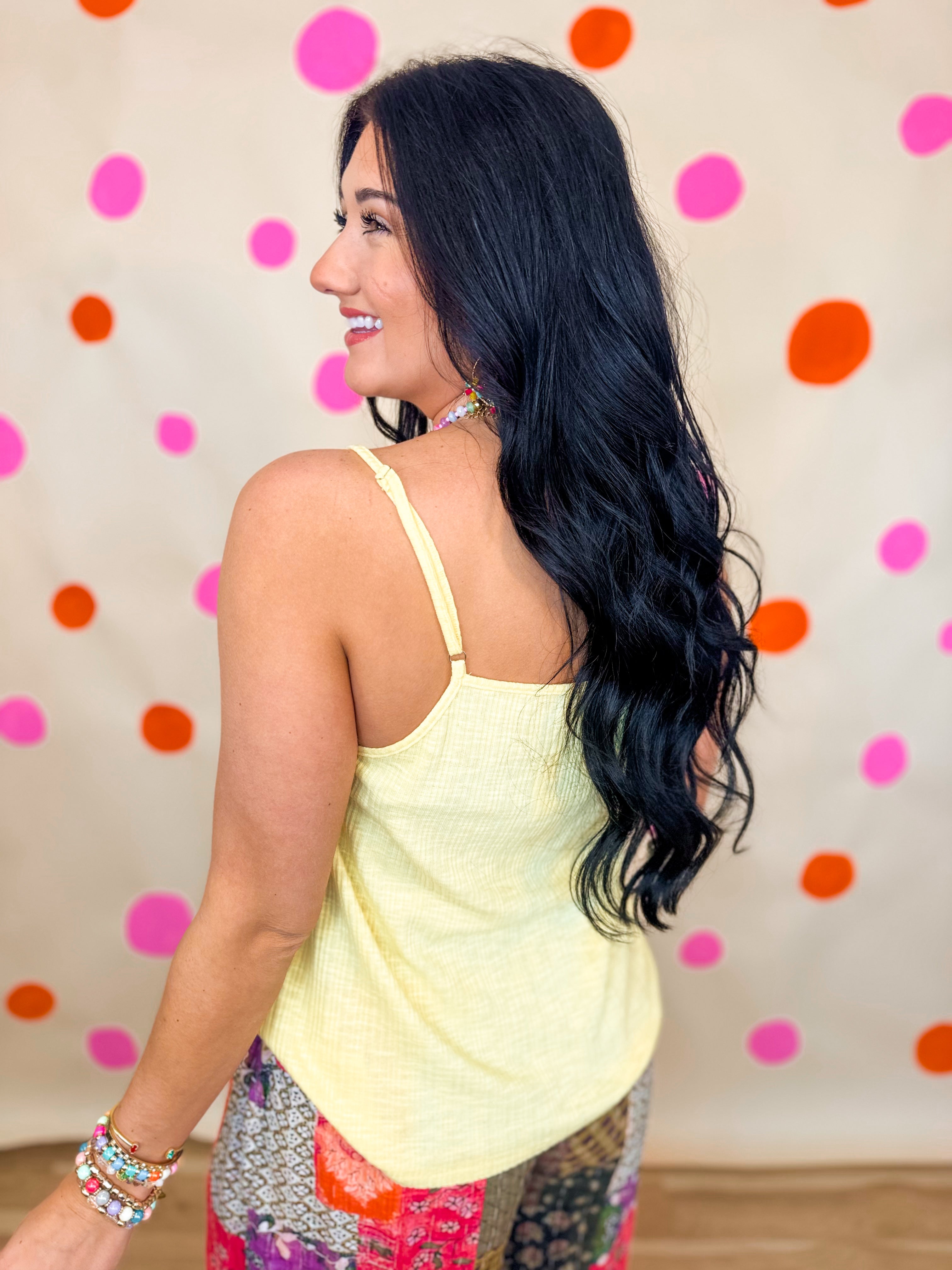 POL Textured Knit Lace Trim Cami Top - Lemon - Lace and Grace Boutique