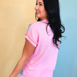 Ribbed Color Block Button Detail Top - Pink - Lace and Grace Boutique
