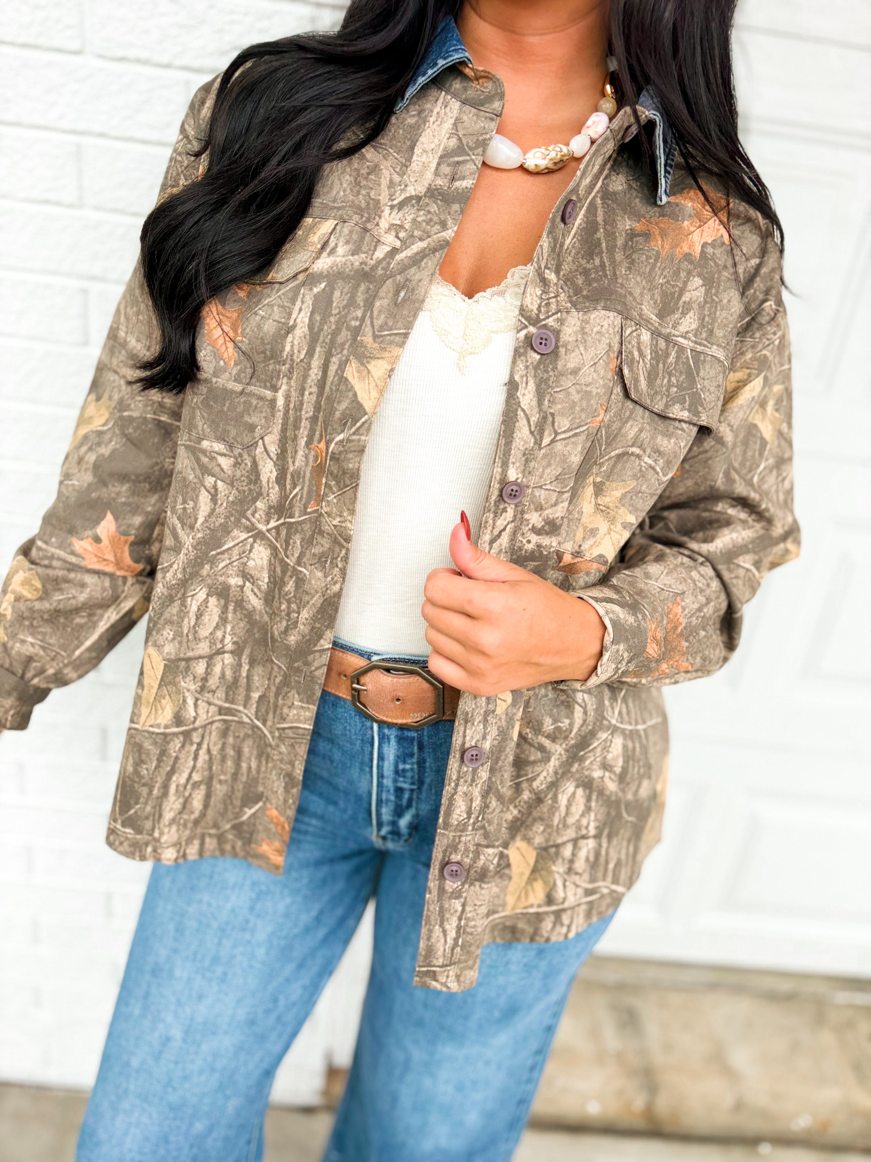 Camo Print Denim Collar Button Up Shacket - Grey Multi - Lace and Grace Boutique