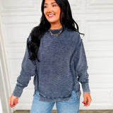 Acid Wash Ribbed Pullover Top - Navy