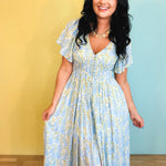 Smocked Waist Button Down Floral Maxi Dress - Cornflower - Lace and Grace Boutique