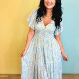 Smocked Waist Button Down Floral Maxi Dress - Cornflower - Lace and Grace Boutique