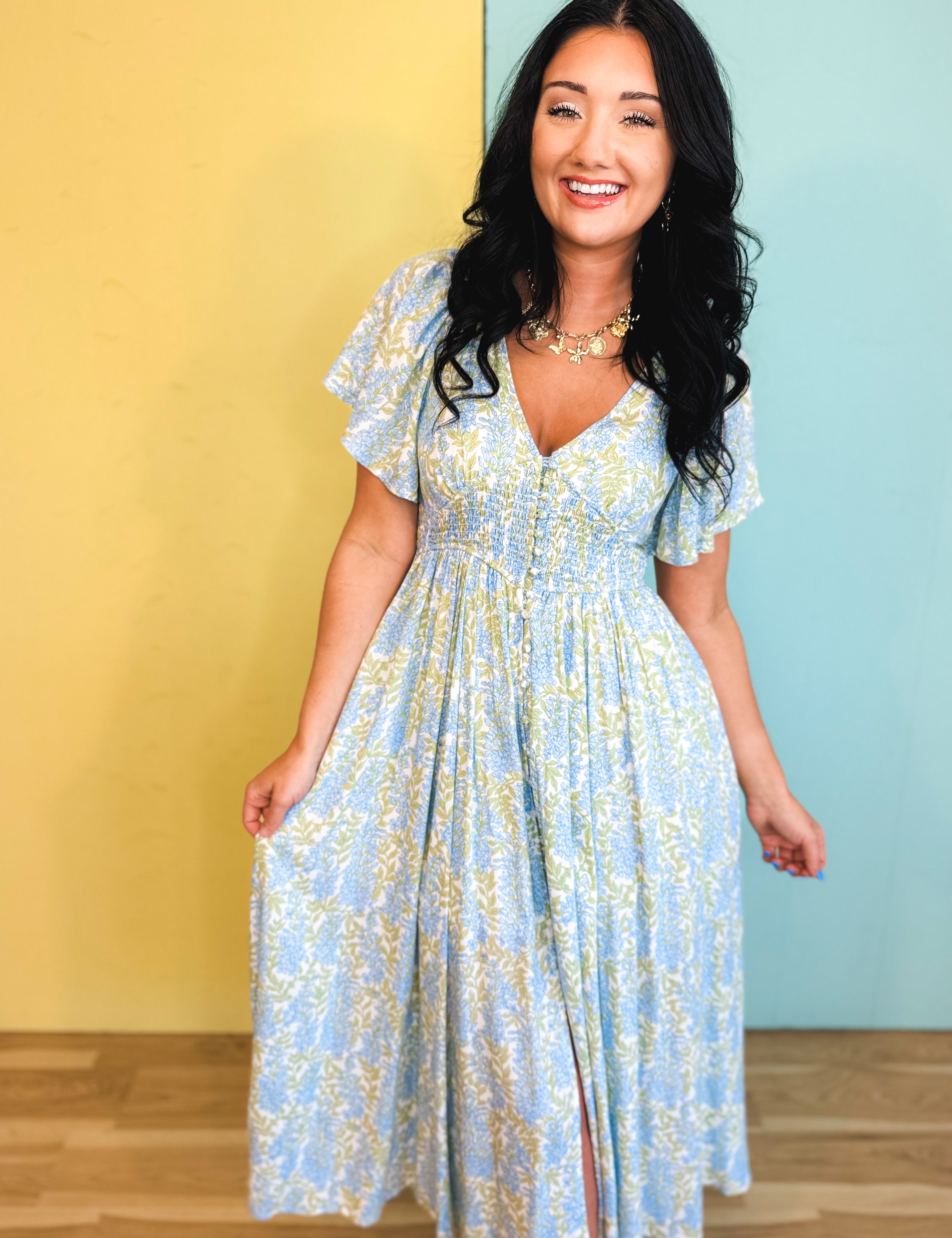 Smocked Waist Button Down Floral Maxi Dress - Cornflower - Lace and Grace Boutique