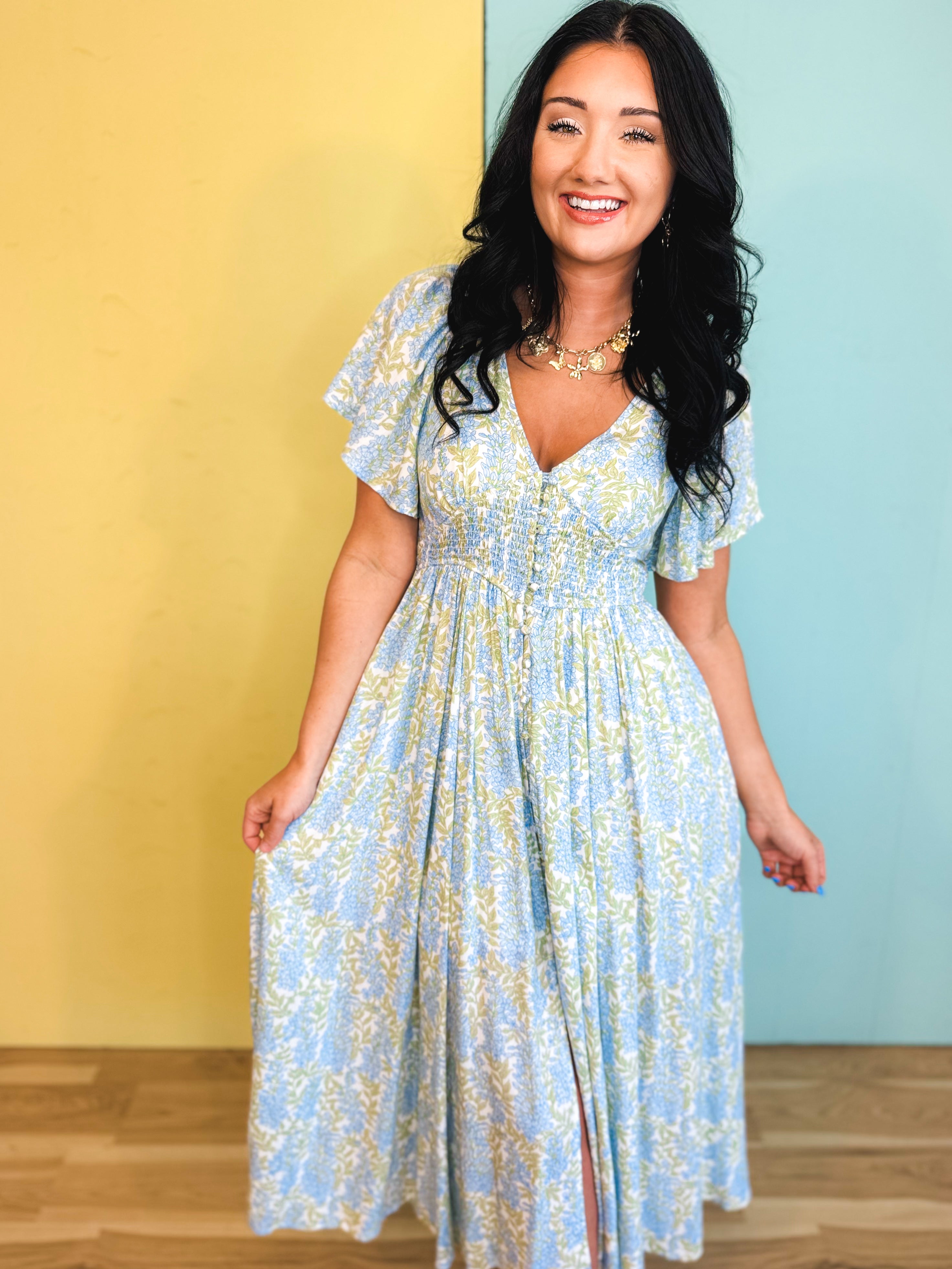 Smocked Waist Button Down Floral Maxi Dress - Cornflower Small Smocked Waist Button Down Floral Maxi Dress - Cornflower Small