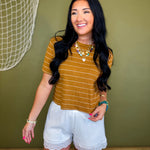 Striped Cotton Linen Short Sleeve Top - Camel/White - Lace and Grace Boutique