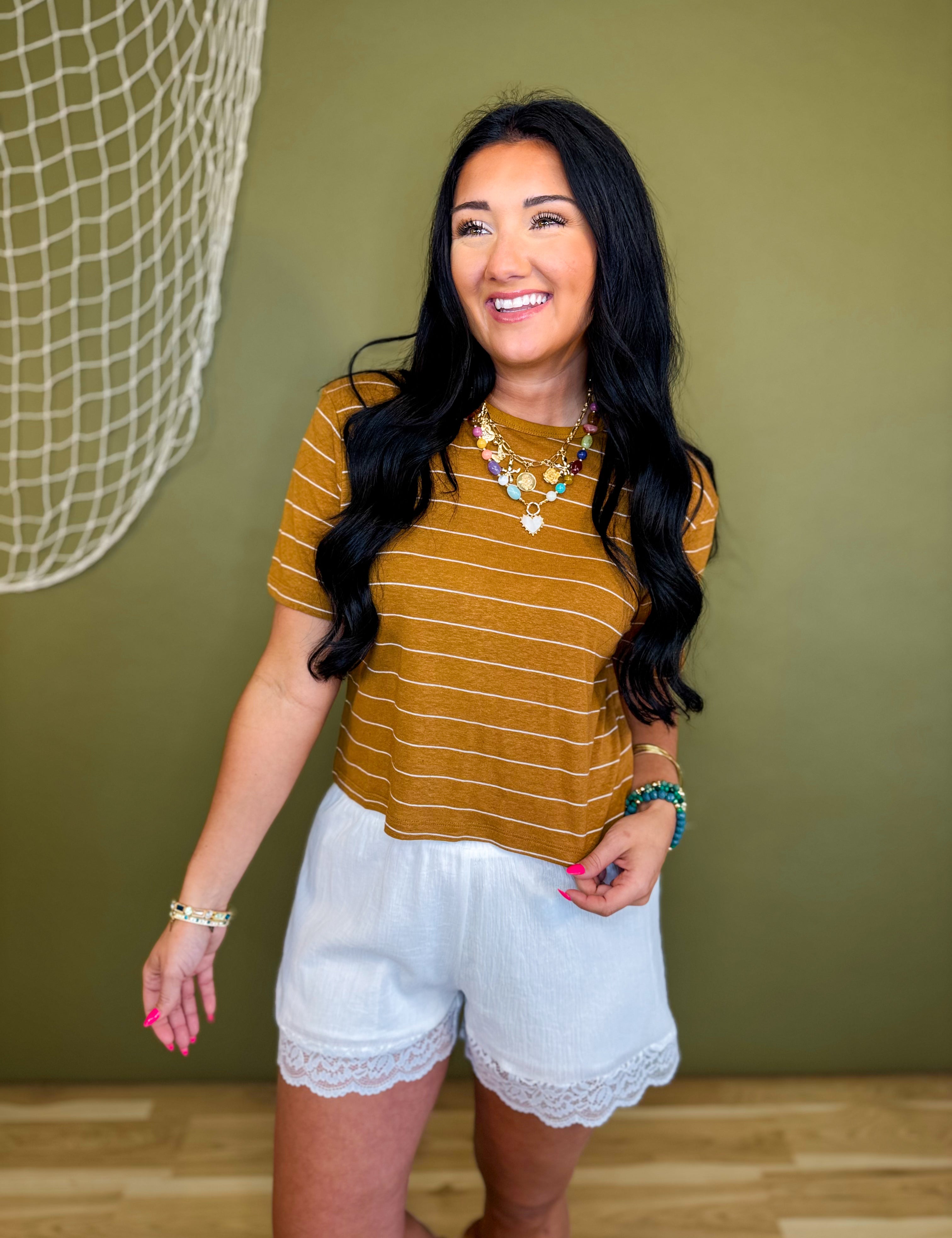 Striped Cotton Linen Short Sleeve Top - Camel/White - Lace and Grace Boutique