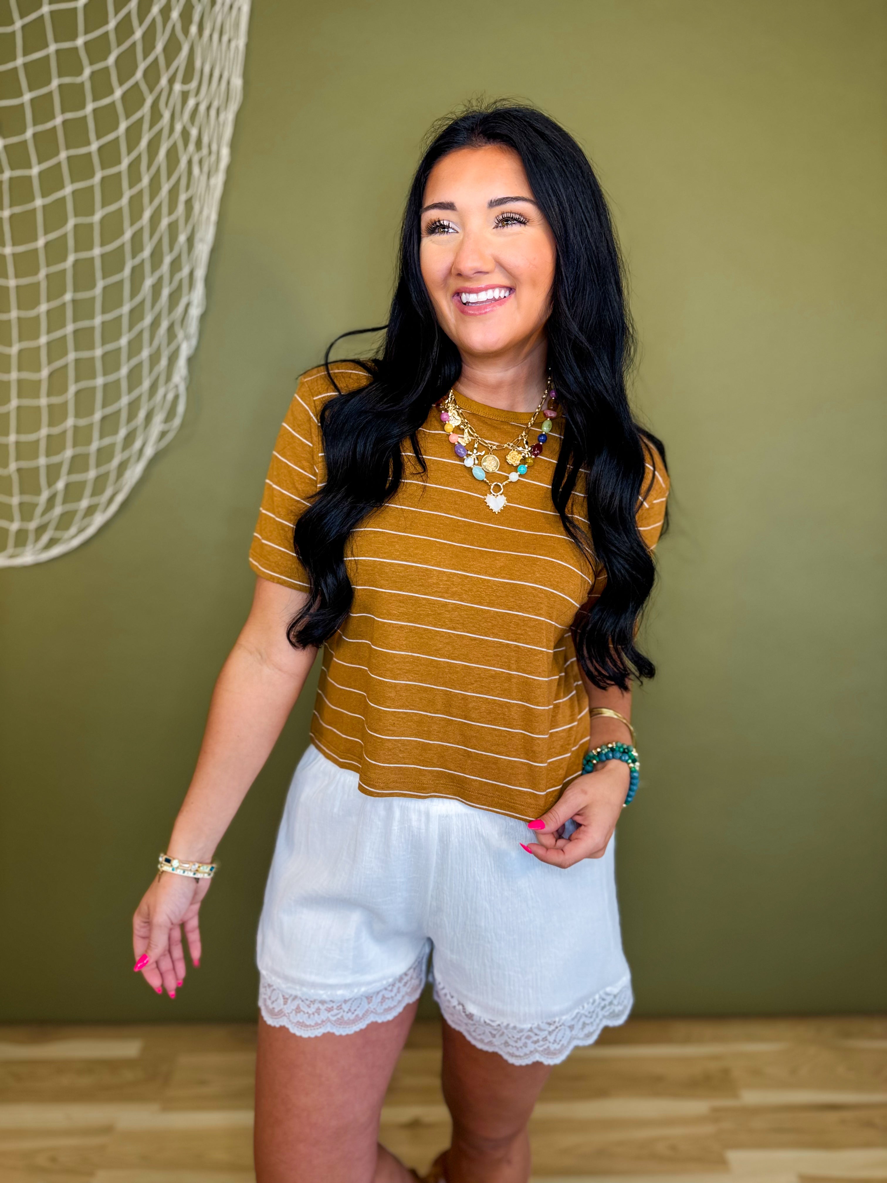 Striped Cotton Linen Short Sleeve Top - Camel/White - Lace and Grace Boutique