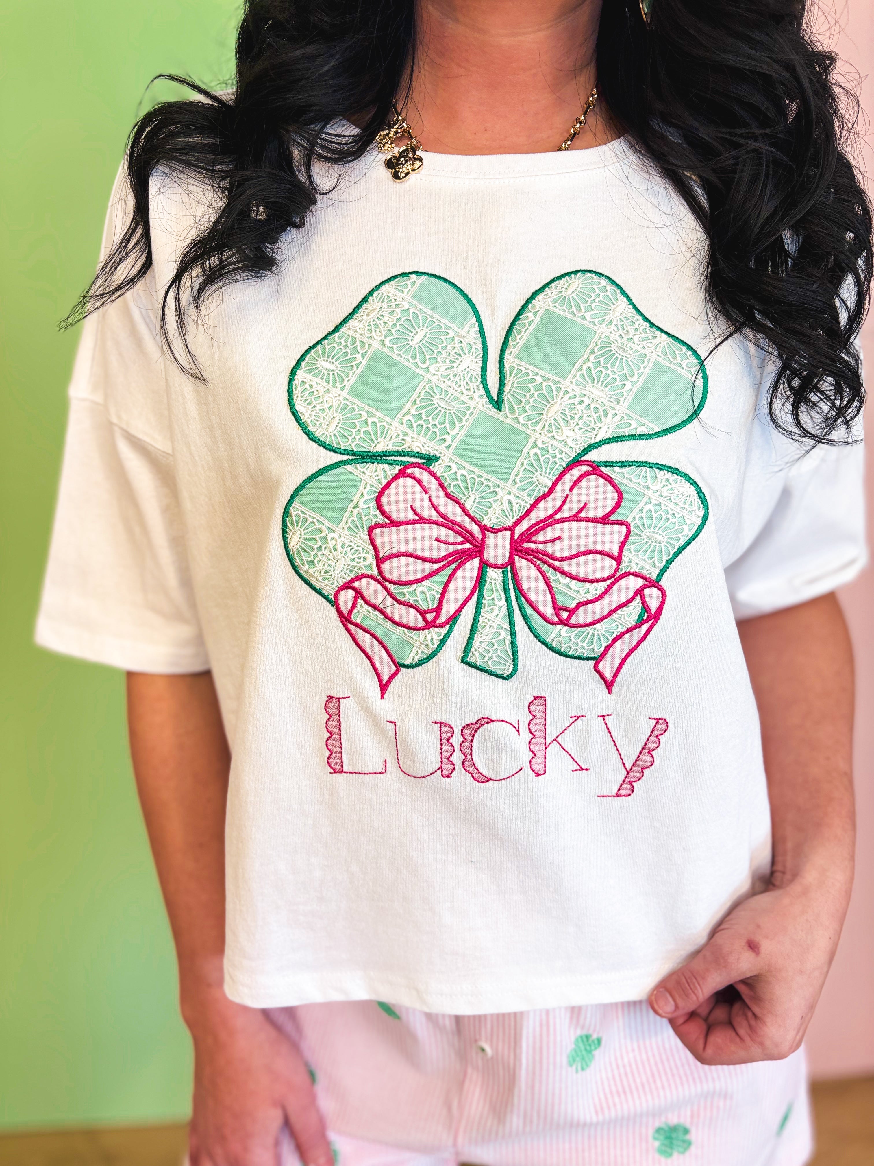 Lucky Clover Lace Checker Embroidered Crop Top - Off White - Lace and Grace Boutique
