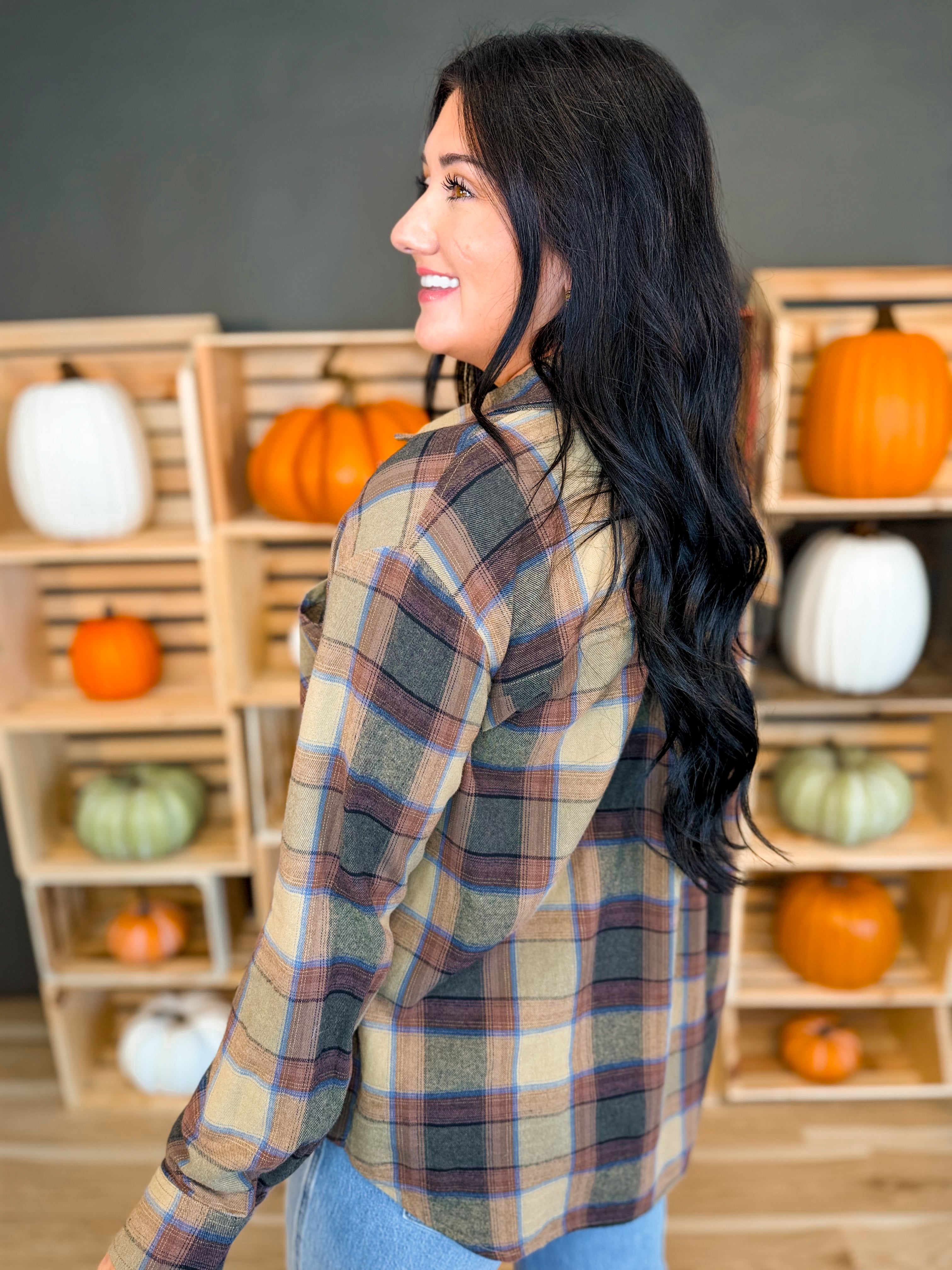 Oversized Plaid Flannel Shirt - Khaki - Lace and Grace Boutique