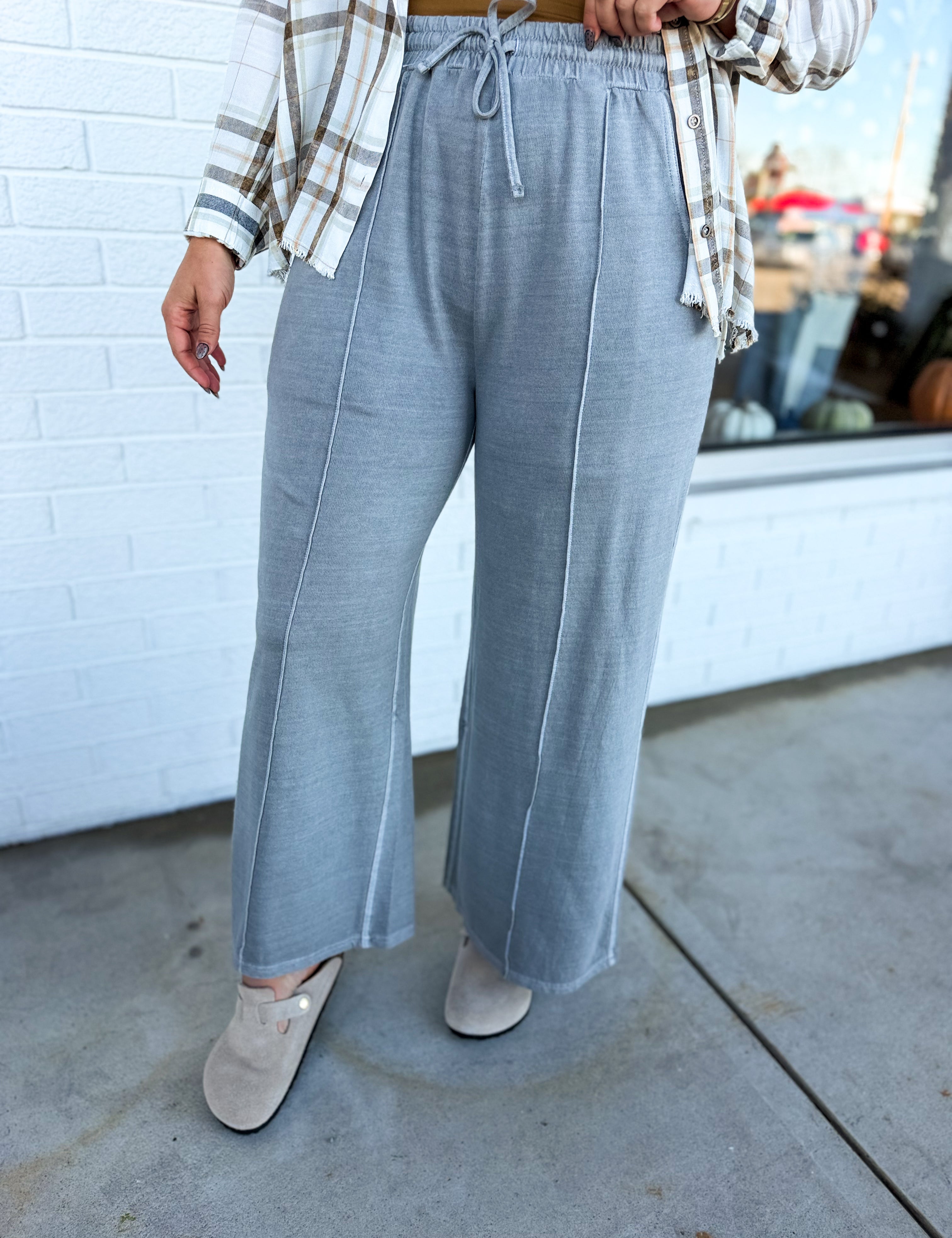Pigment Wash French Terry Wide Leg Pants - Sleet - Lace and Grace Boutique