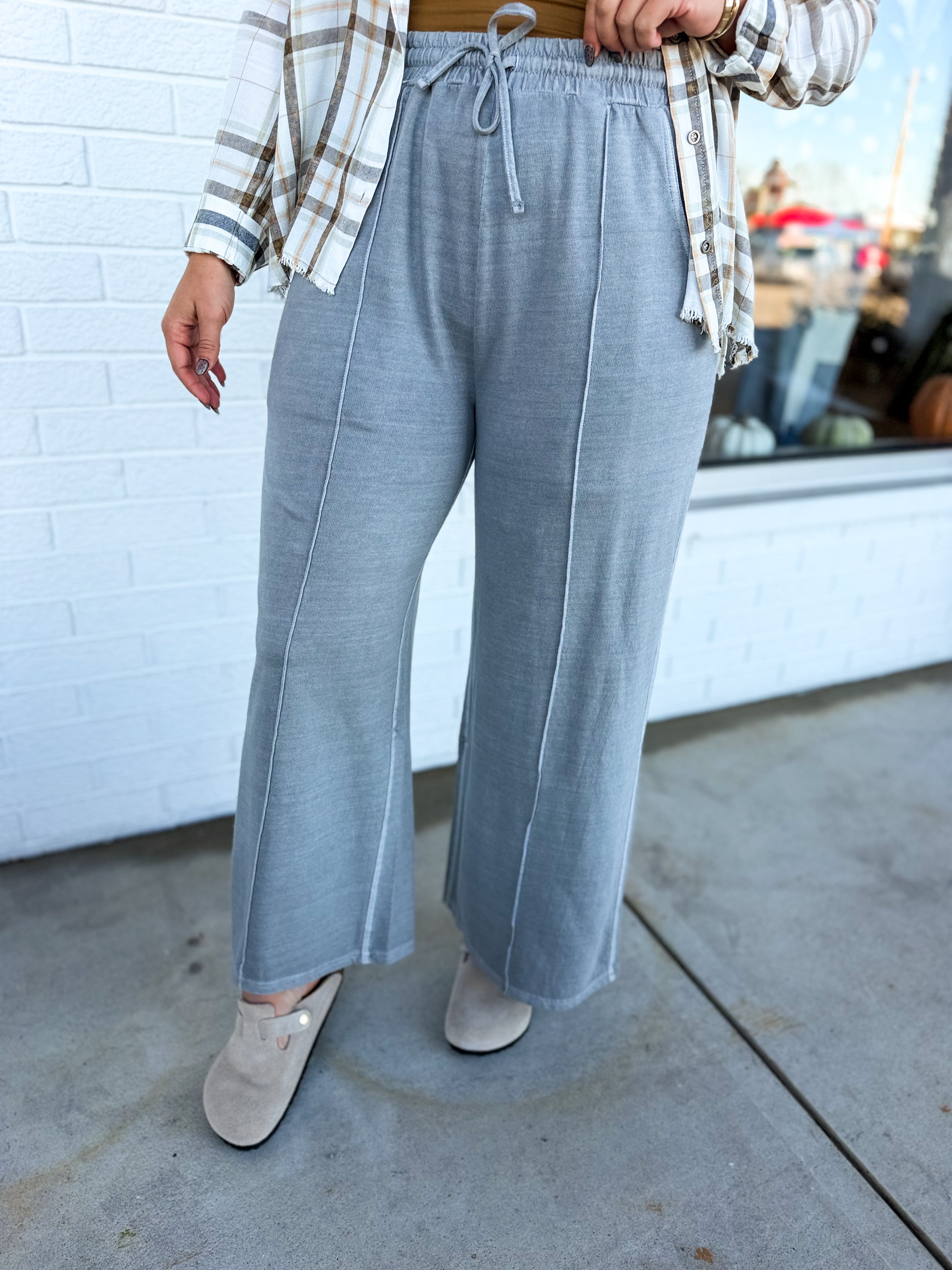 Pigment Wash French Terry Wide Leg Pants - Sleet - Lace and Grace Boutique