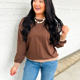Contrast Trim Exposed Seam Knit Top - Chocolate Brown