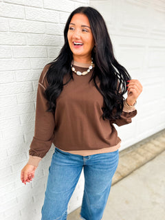 Contrast Trim Exposed Seam Knit Top - Chocolate Brown - Lace and Grace Boutique