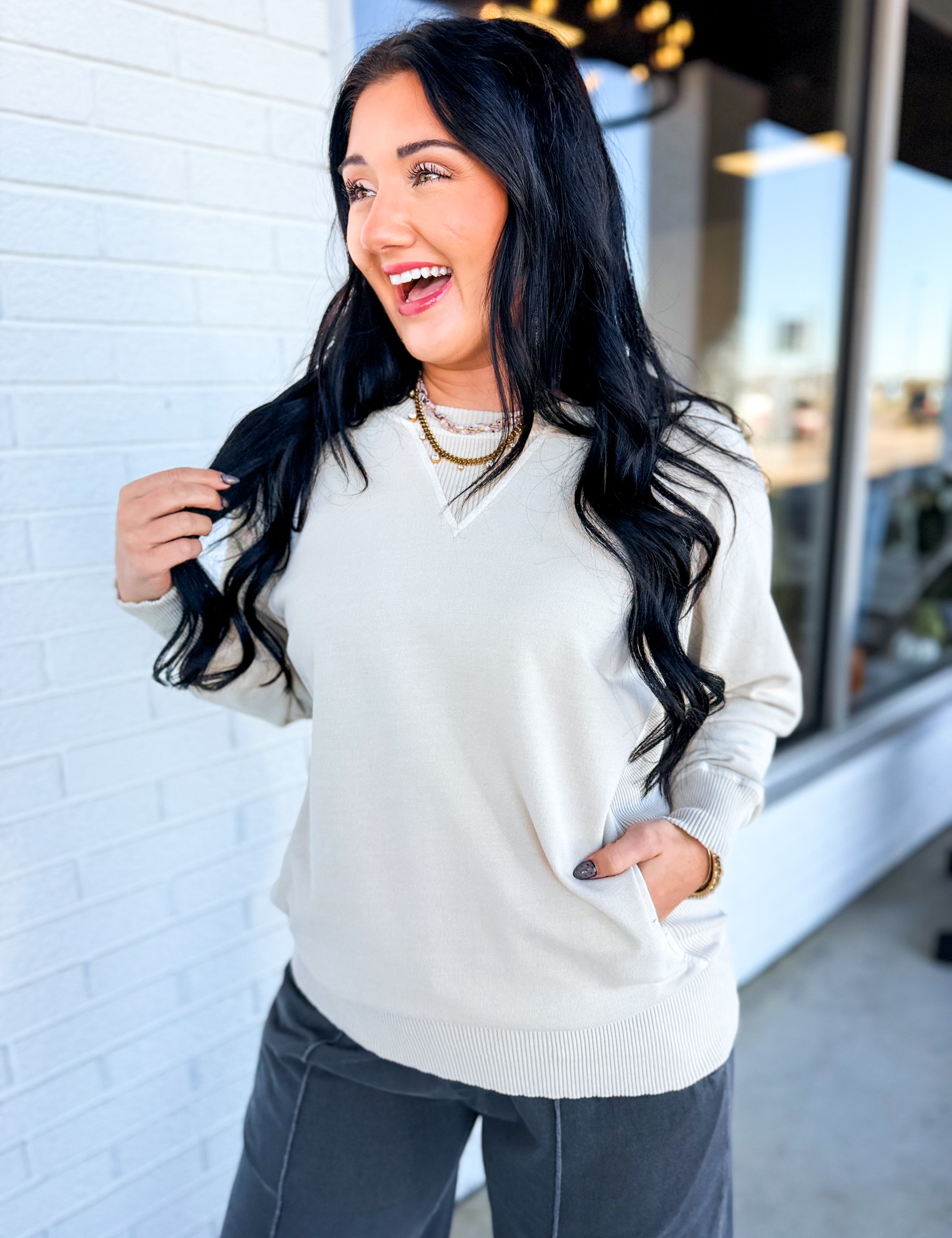 Pigment Dyed French Terry Pullover - Sand Beige - Lace and Grace Boutique