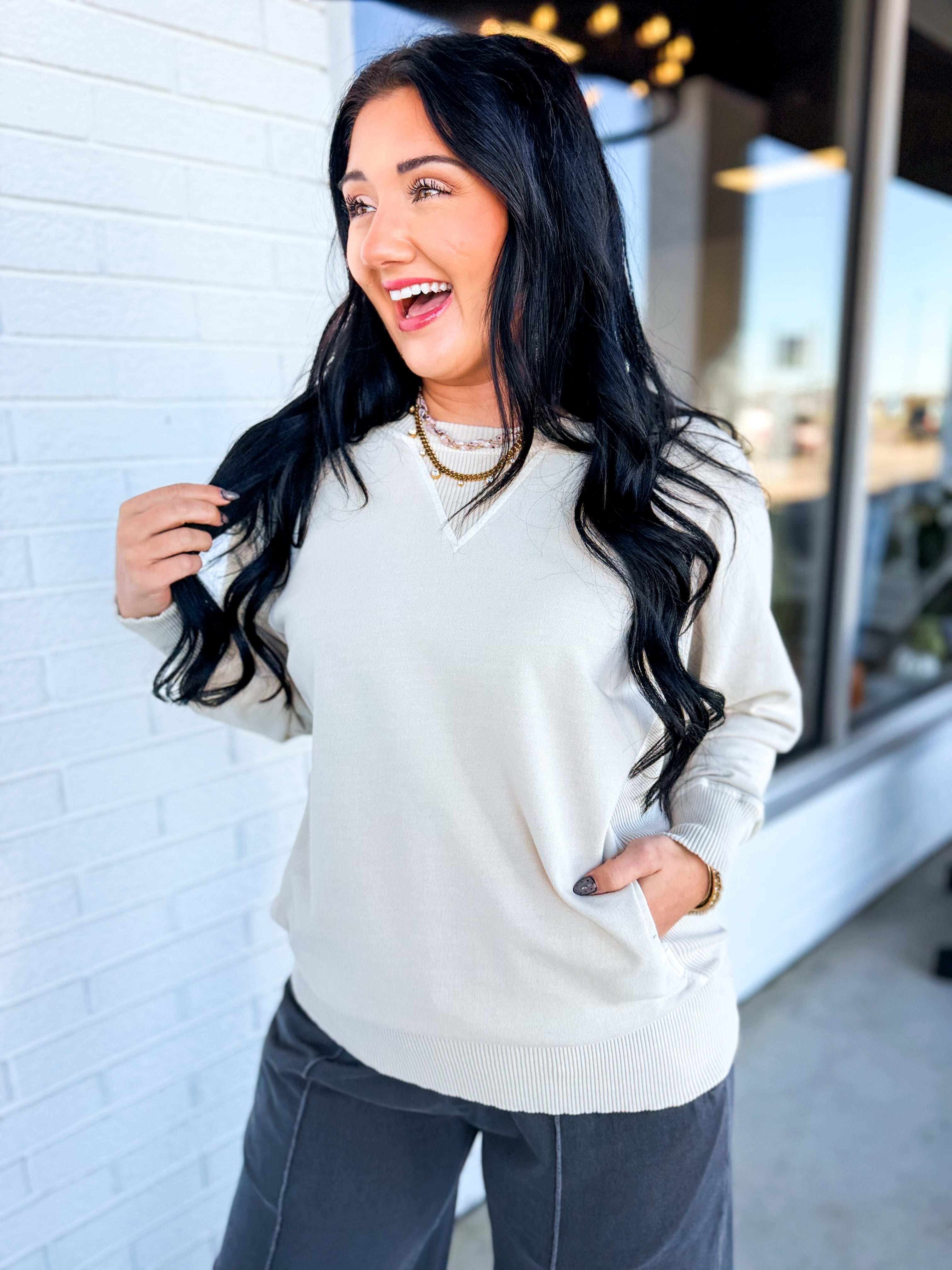 Pigment Dyed French Terry Pullover - Sand Beige - Lace and Grace Boutique