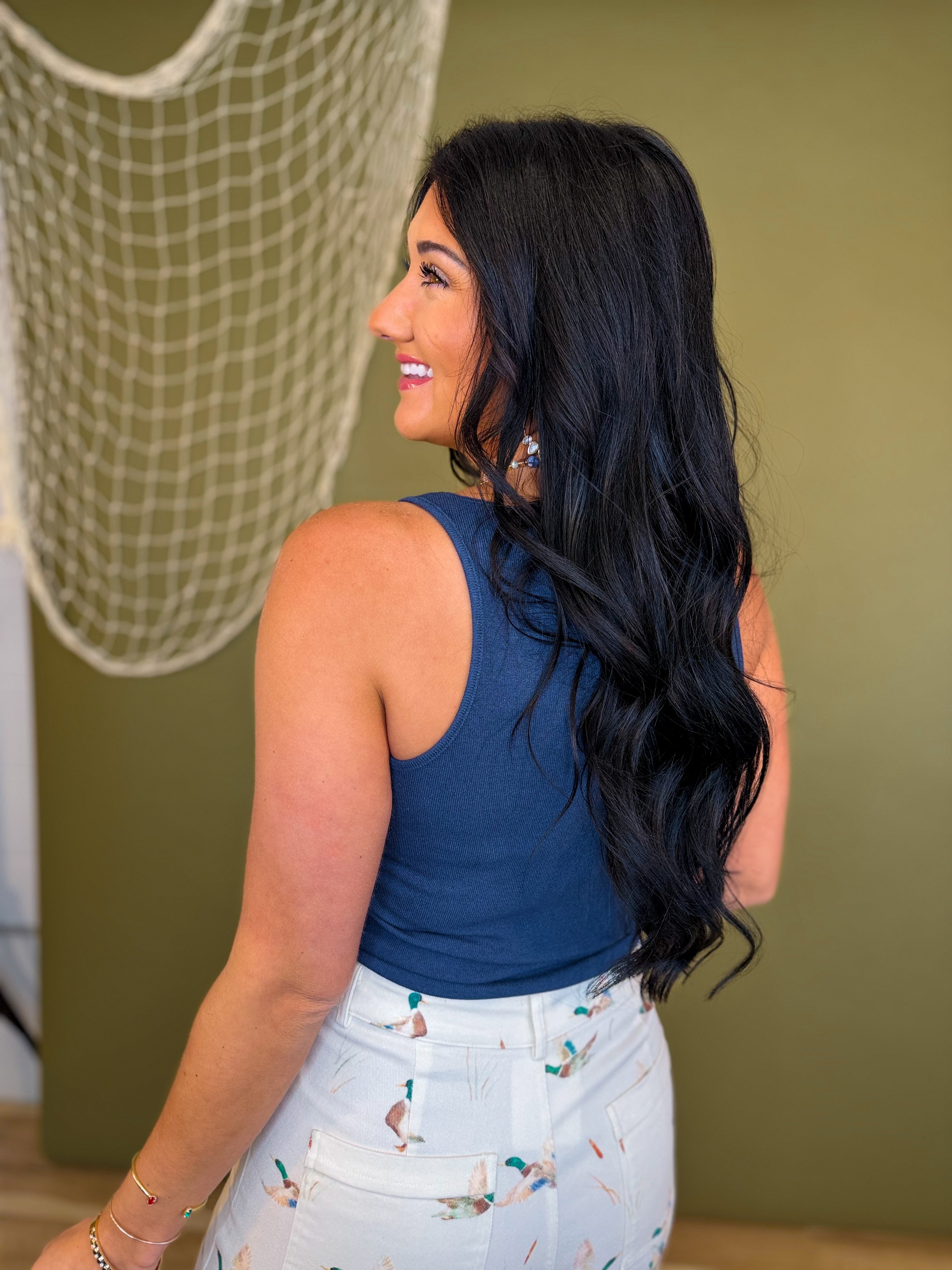 Ruched Bead Detail Tank Top - Navy - Lace and Grace Boutique
