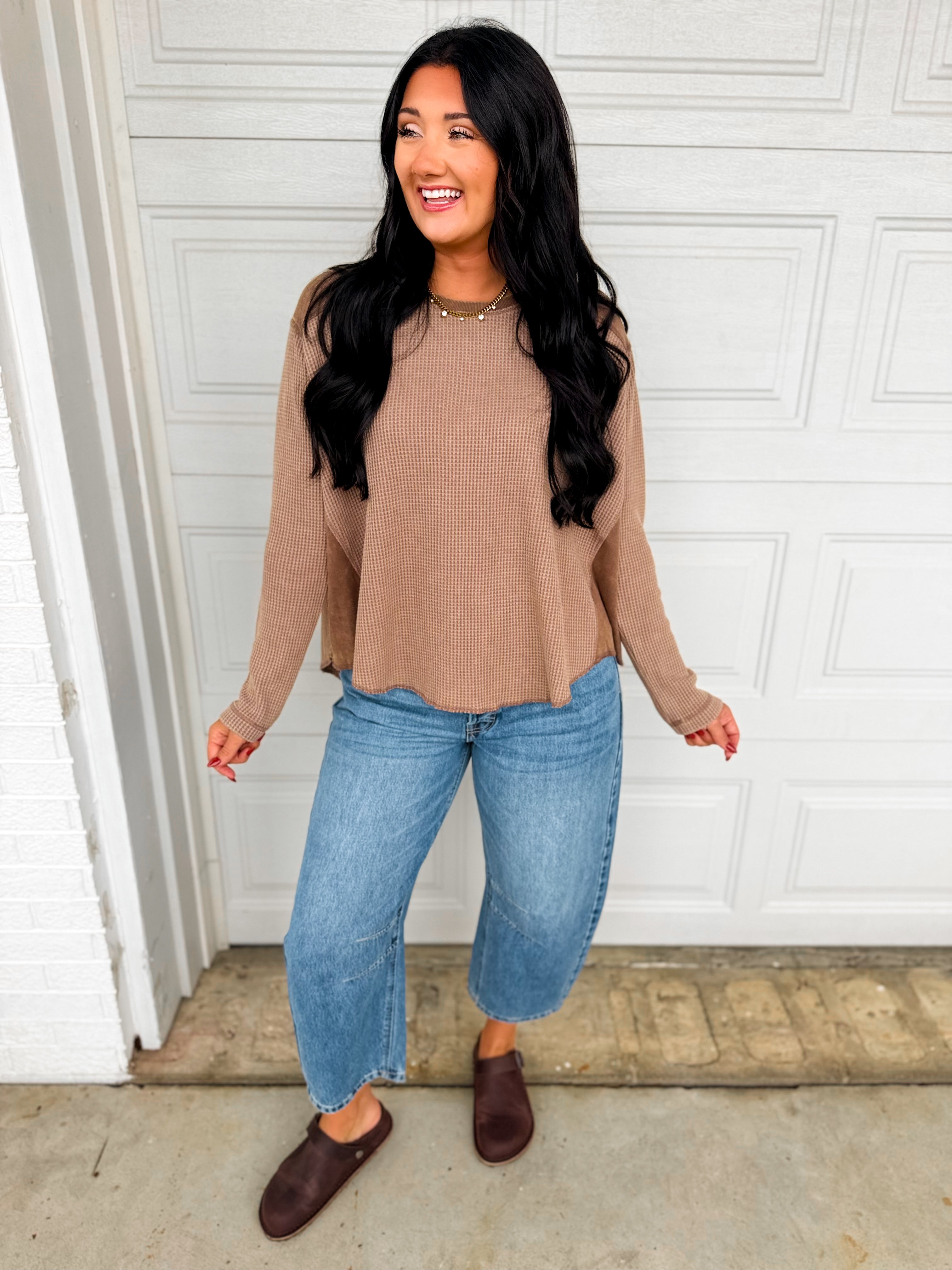 Oversized Waffle Knit Thermal Long Sleeve Top - Latte - Lace and Grace Boutique