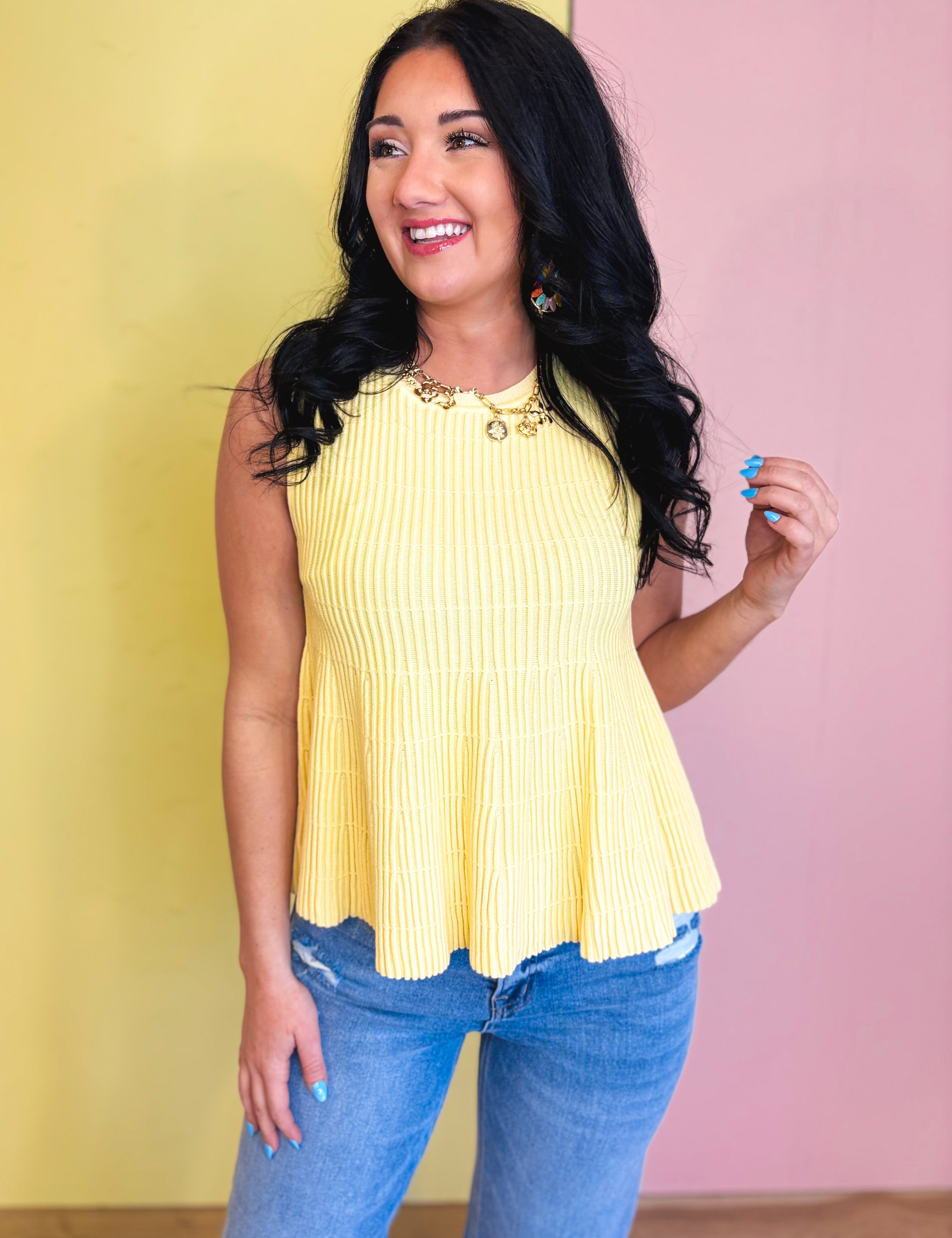 Flared Ribbed Knit Sweater Tank Top - Lemon - Lace and Grace Boutique