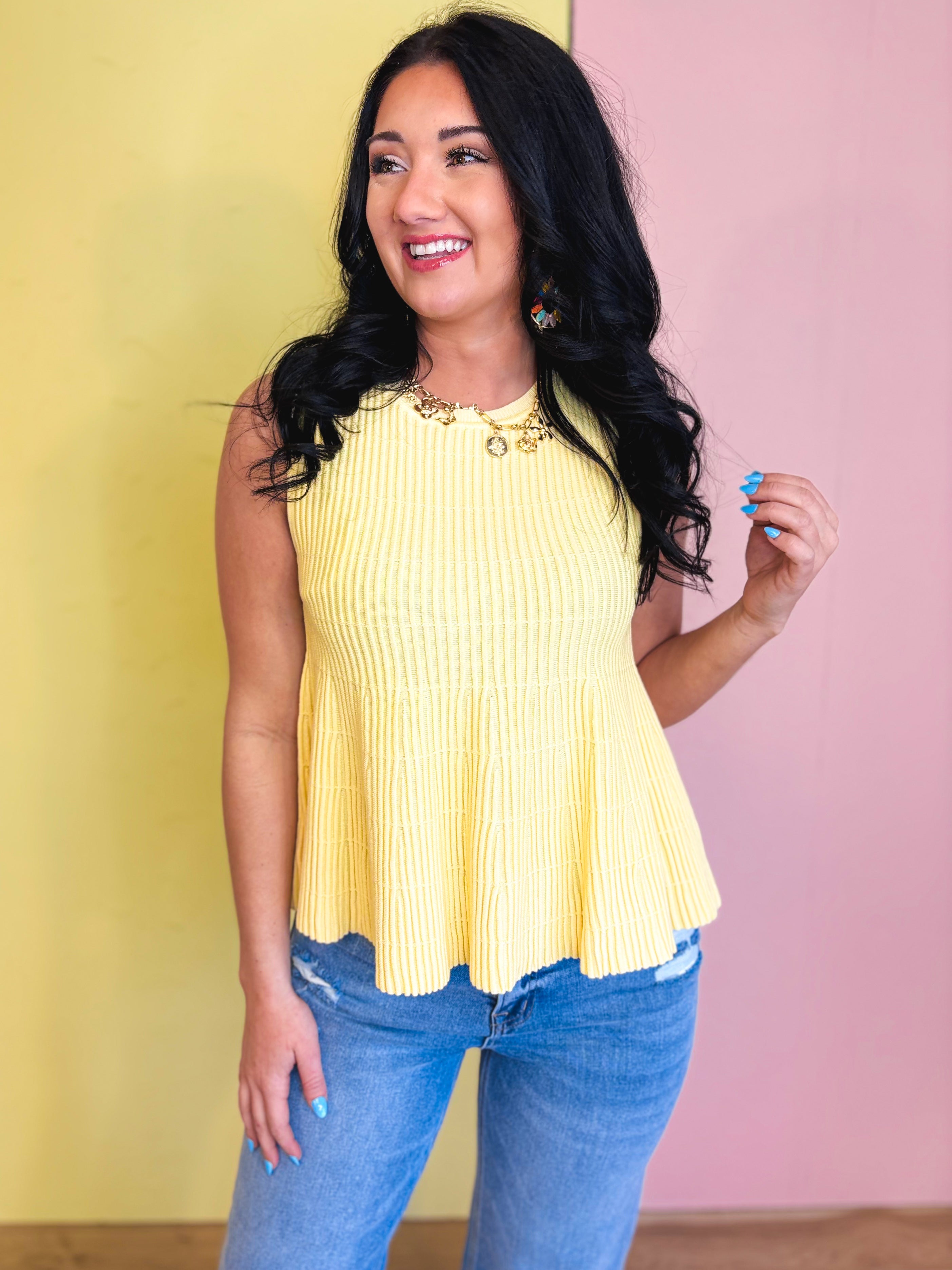 Flared Ribbed Knit Sweater Tank Top - Lemon - Lace and Grace Boutique