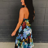 Floral Satin Halter Neck Midi Dress - Blue Multi