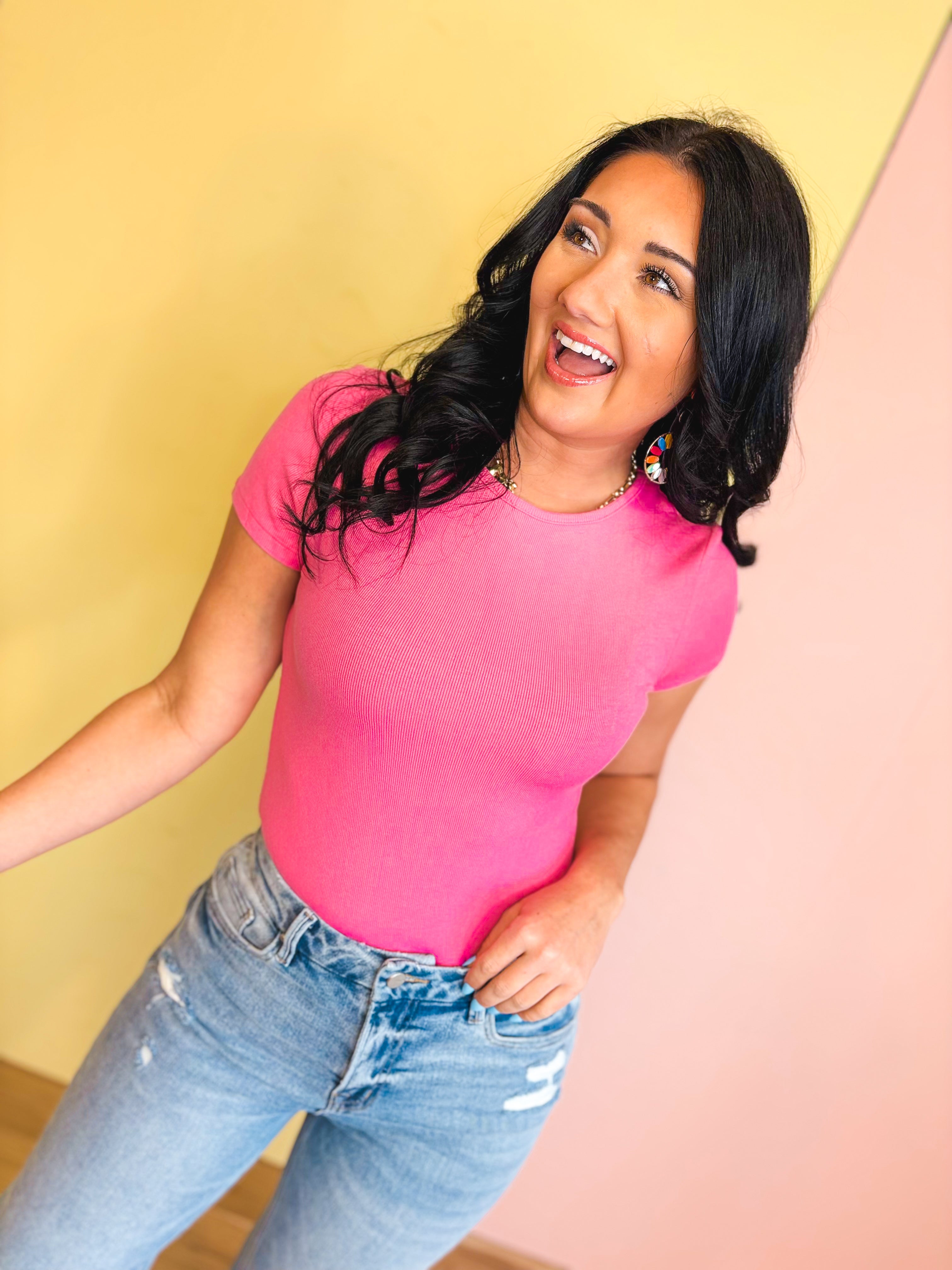 Basic Knit Short Sleeve Top - Punch - Lace and Grace Boutique