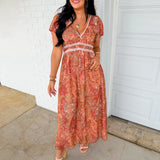Paisley Print Lace Detail Maxi Dress - Rust Multi