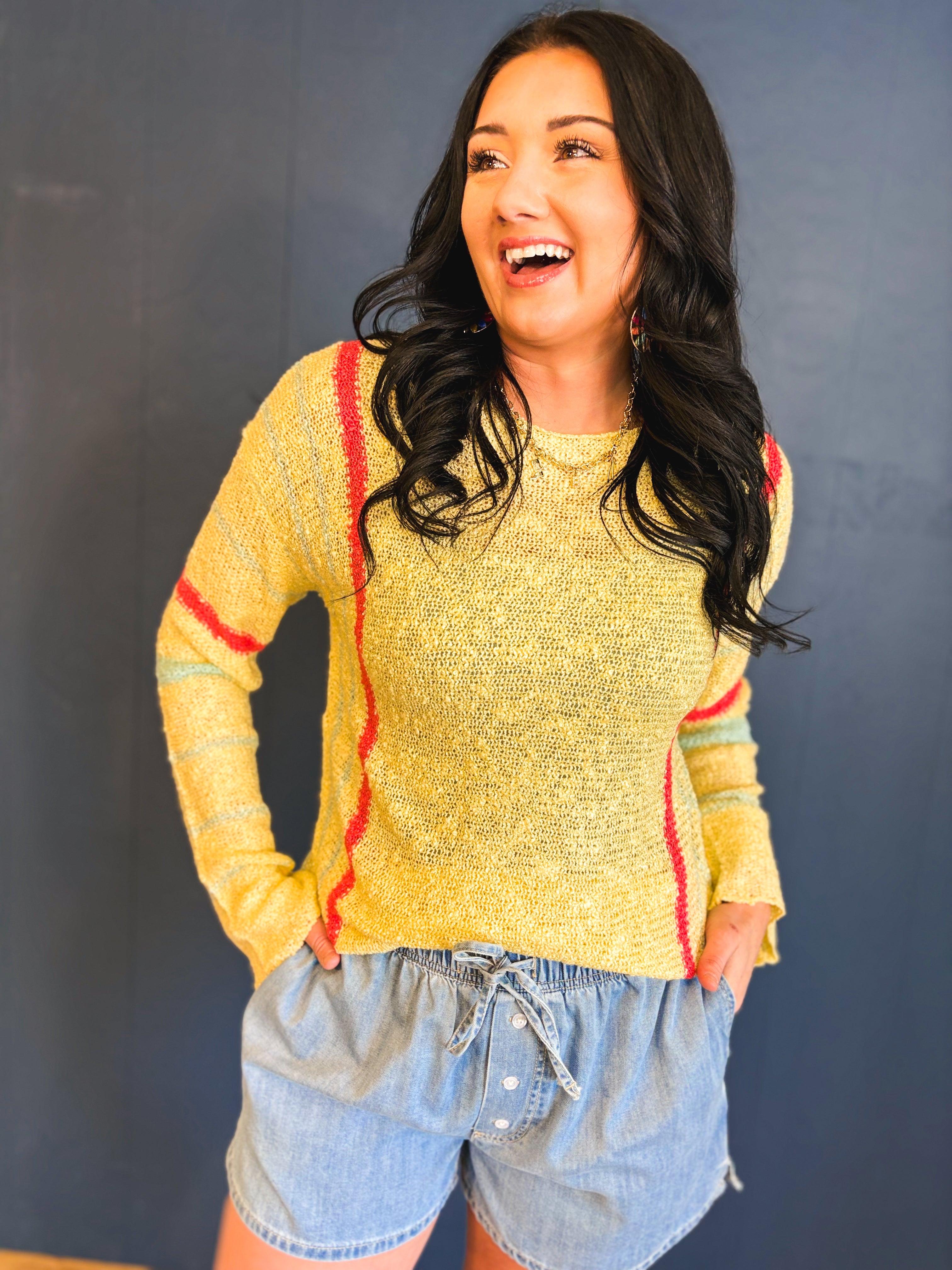 Multicolor Striped Lightweight Sweater - Butter/Papaya - Lace and Grace Boutique