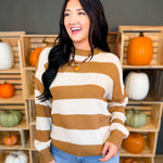 Striped Drop Shoulder Knit Sweater - Deep Camel - Lace and Grace Boutique