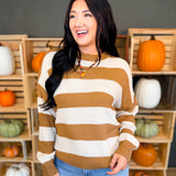 Striped Drop Shoulder Knit Sweater - Deep Camel - Lace and Grace Boutique