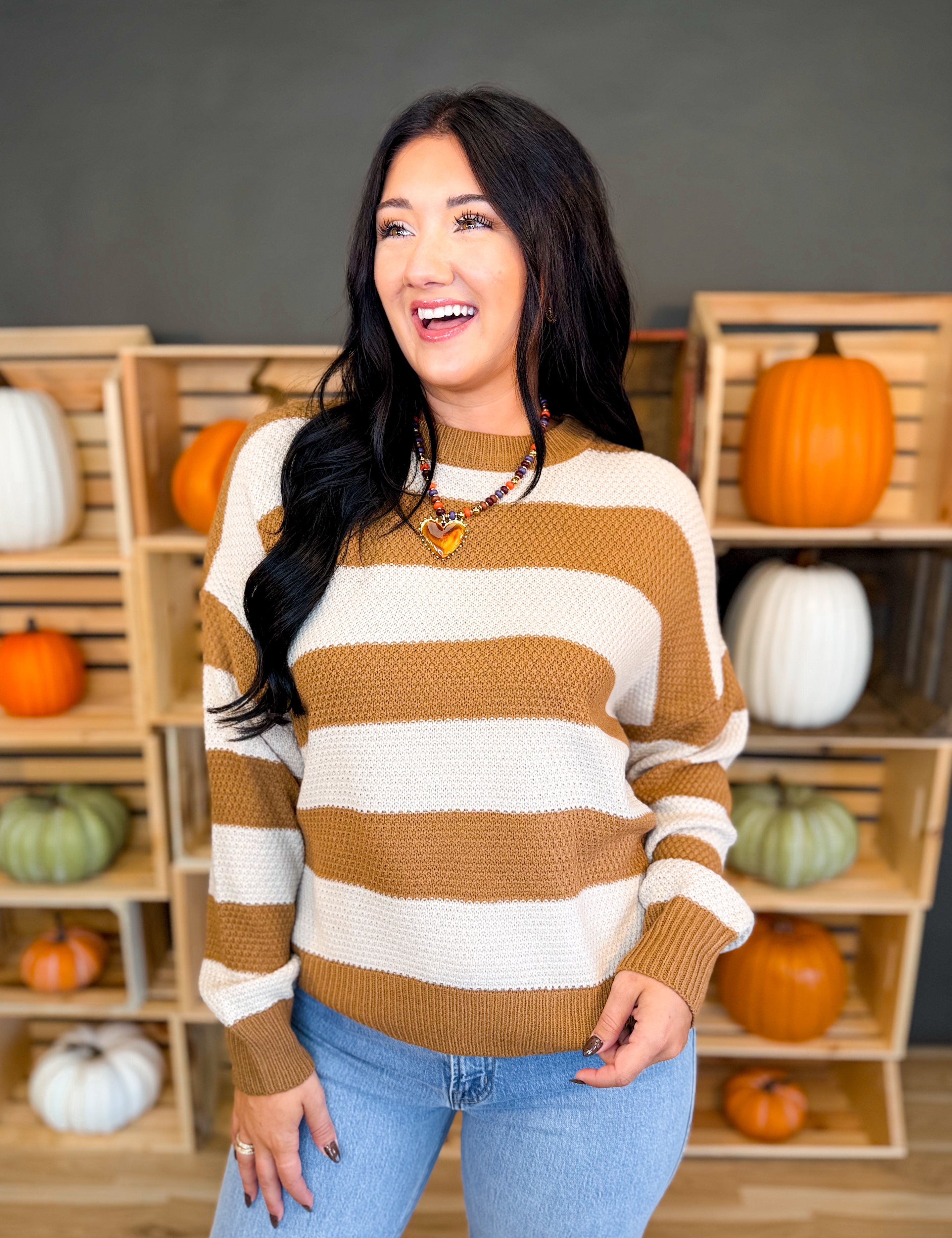 Striped Drop Shoulder Knit Sweater - Deep Camel - Lace and Grace Boutique