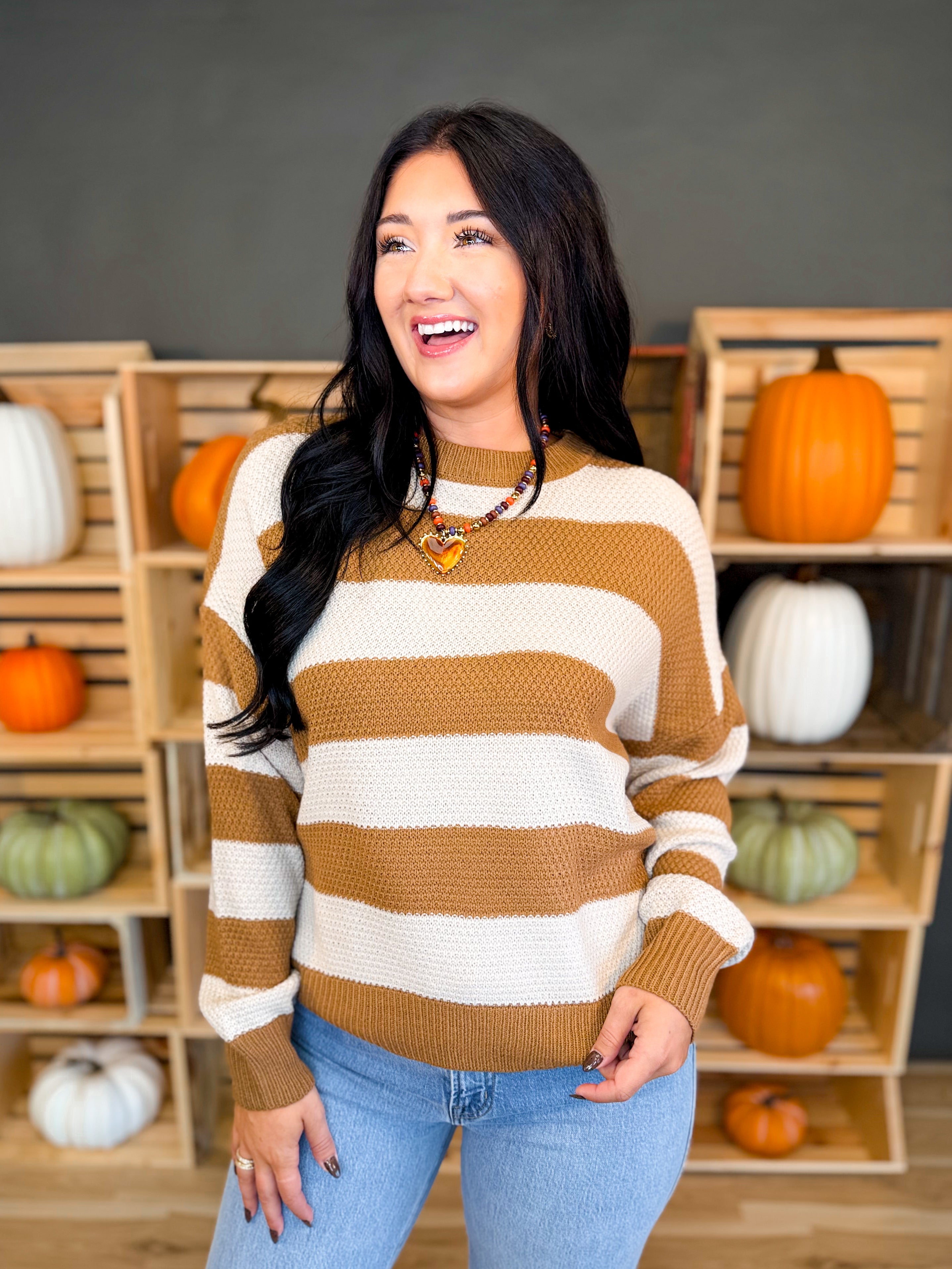 Striped Drop Shoulder Knit Sweater - Deep Camel - Lace and Grace Boutique